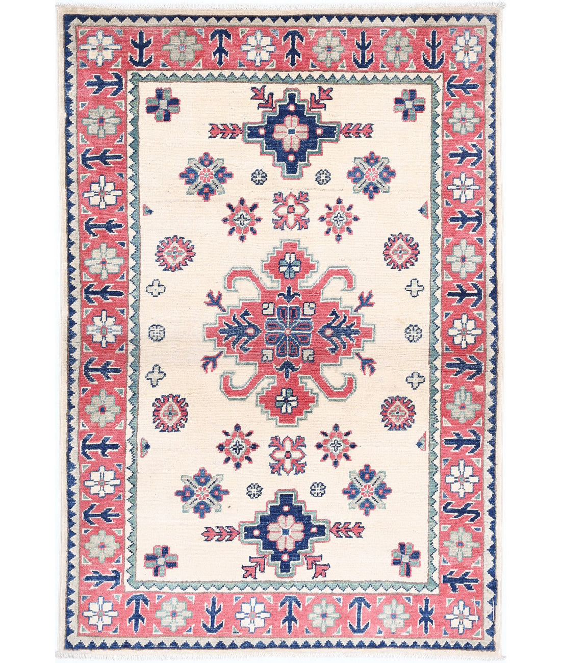 Hand Knotted Tribal Kazak Wool Rug - 3&#39;2&#39;&#39; x 4&#39;9&#39;&#39; 3&#39;2&#39;&#39; x 4&#39;9&#39;&#39; (95 X 143) / Ivory / Red