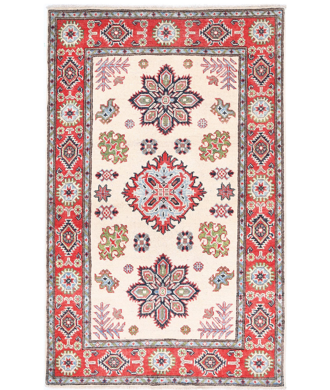 Hand Knotted Tribal Kazak Wool Rug - 3'3'' x 5'1'' 3'3'' x 5'1'' (98 X 153) / Ivory / Red