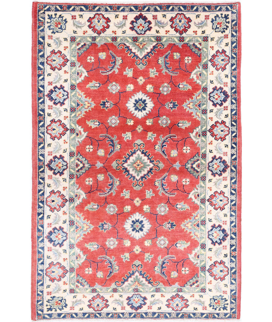 Hand Knotted Tribal Kazak Wool Rug - 3'4'' x 4'9'' 3'4'' x 4'9'' (100 X 143) / Red / Ivory