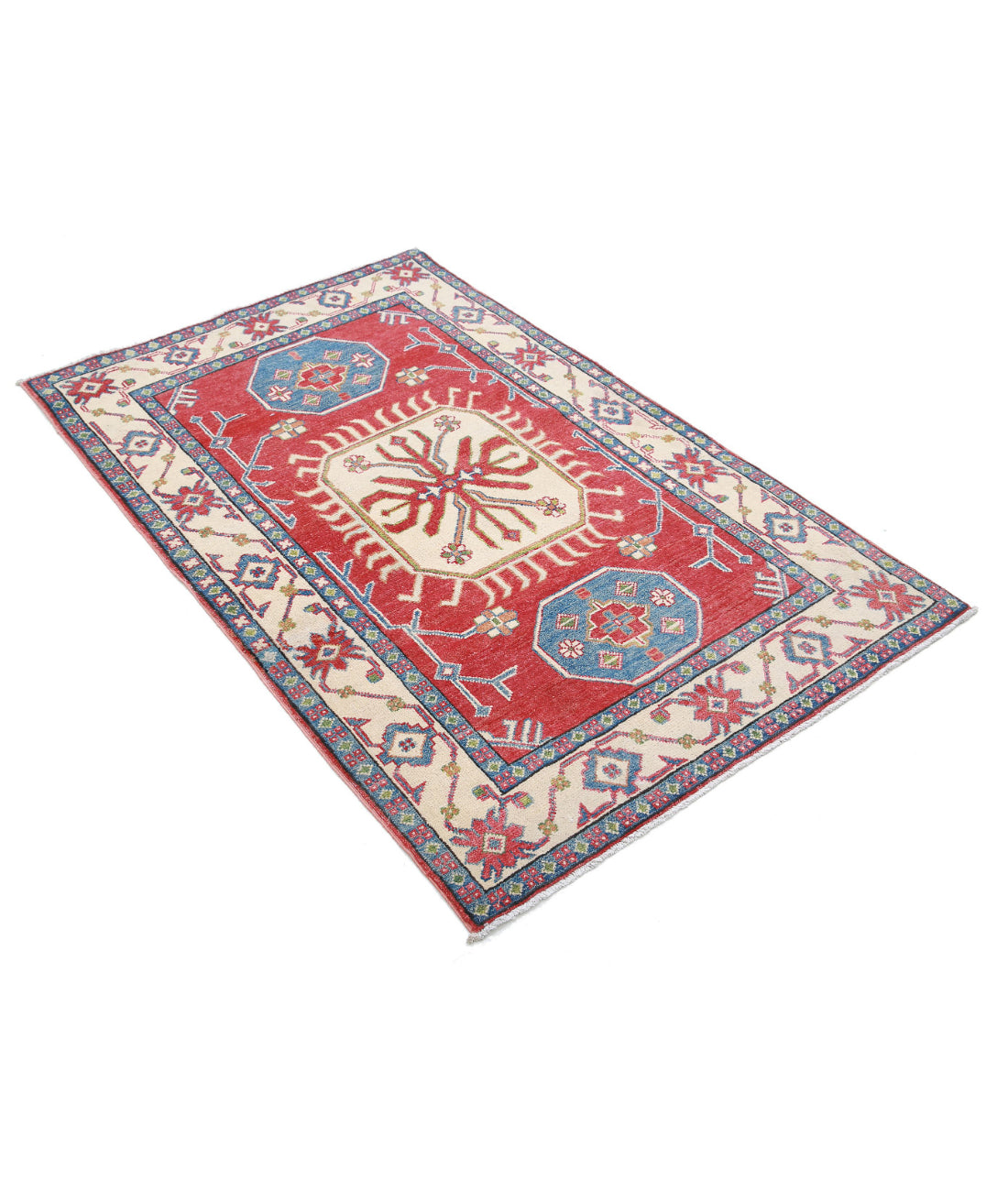 Hand Knotted Tribal Kazak Wool Rug - 3'4'' x 5'3'' 3'4'' x 5'3'' (100 X 158) / Red / Ivory