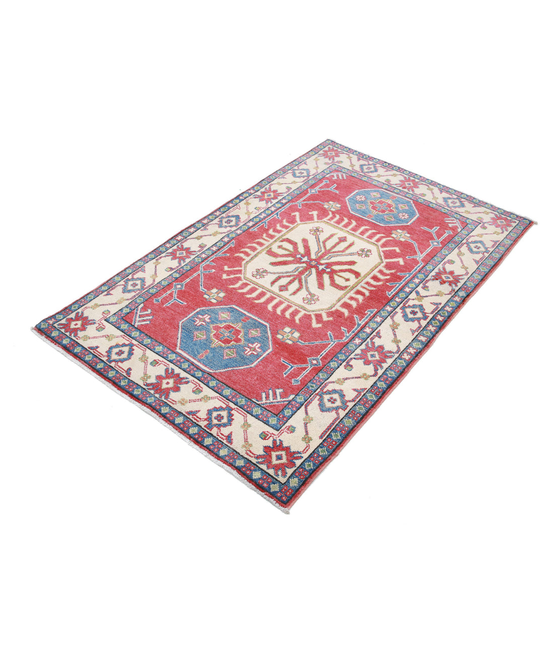 Hand Knotted Tribal Kazak Wool Rug - 3'4'' x 5'3'' 3'4'' x 5'3'' (100 X 158) / Red / Ivory
