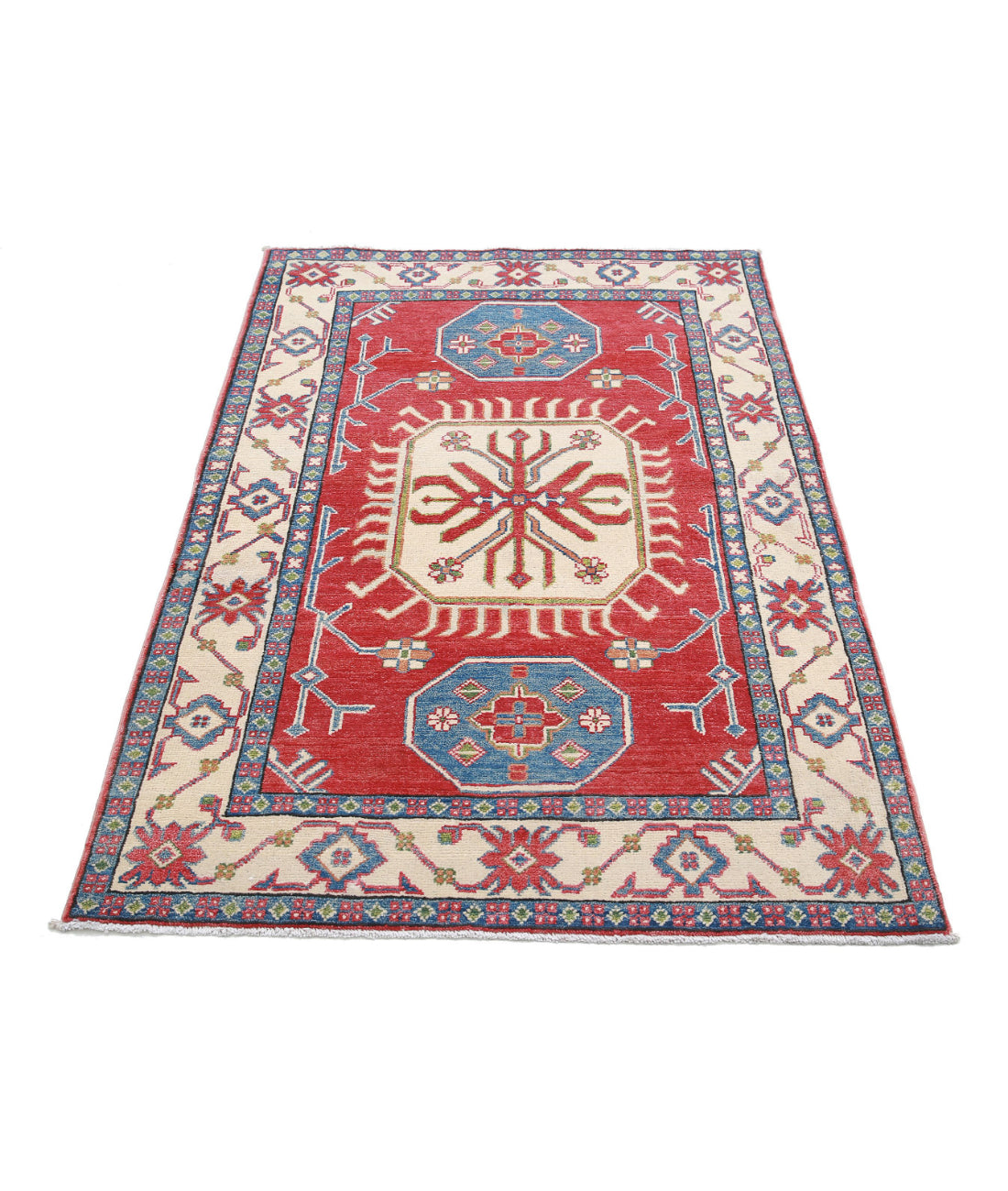 Hand Knotted Tribal Kazak Wool Rug - 3'4'' x 5'3'' 3'4'' x 5'3'' (100 X 158) / Red / Ivory