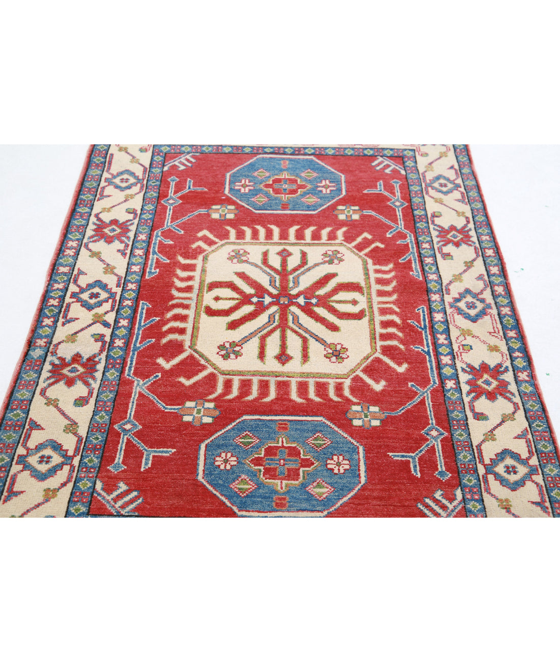 Hand Knotted Tribal Kazak Wool Rug - 3'4'' x 5'3'' 3'4'' x 5'3'' (100 X 158) / Red / Ivory
