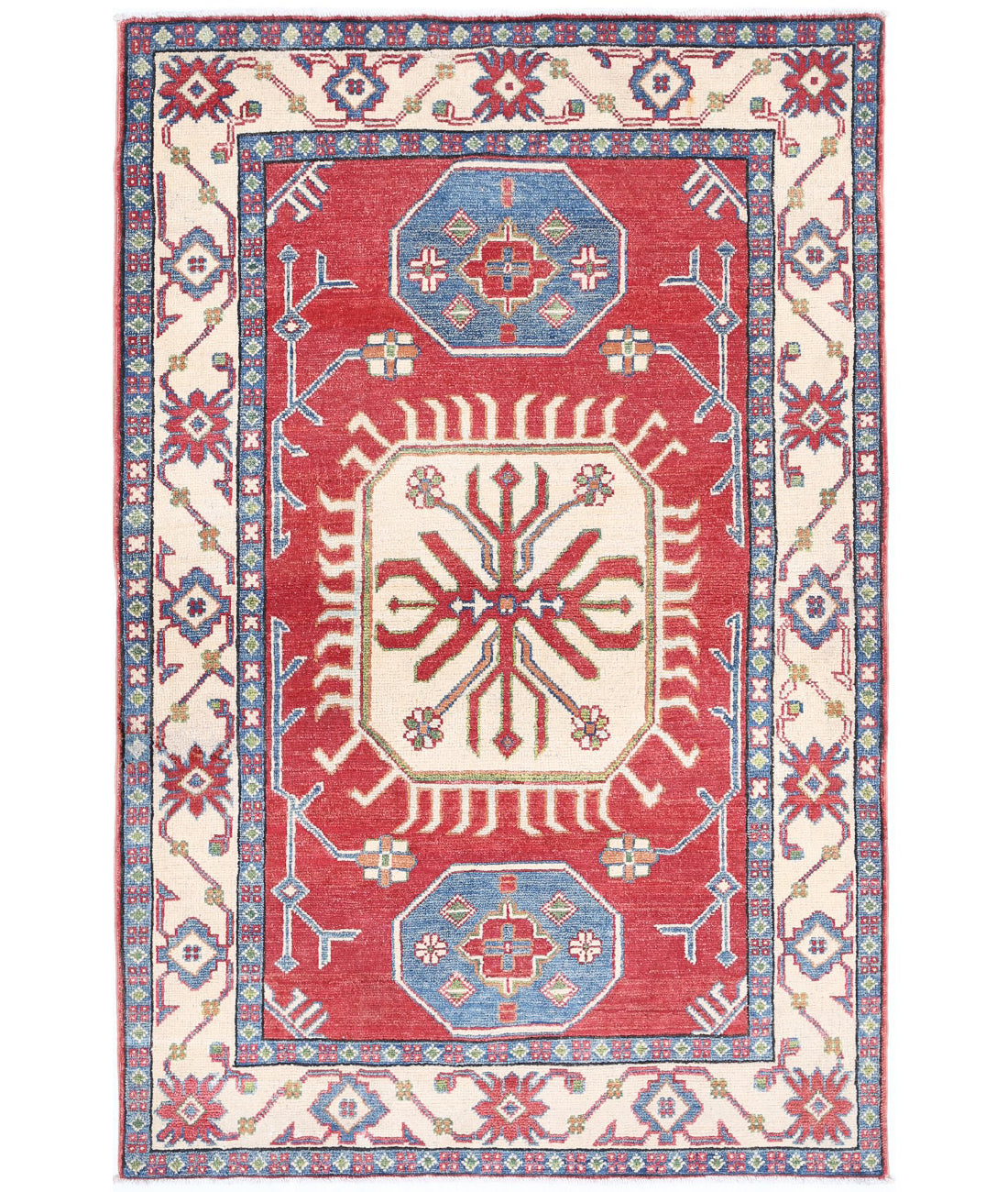 Hand Knotted Tribal Kazak Wool Rug - 3'4'' x 5'3'' 3'4'' x 5'3'' (100 X 158) / Red / Ivory