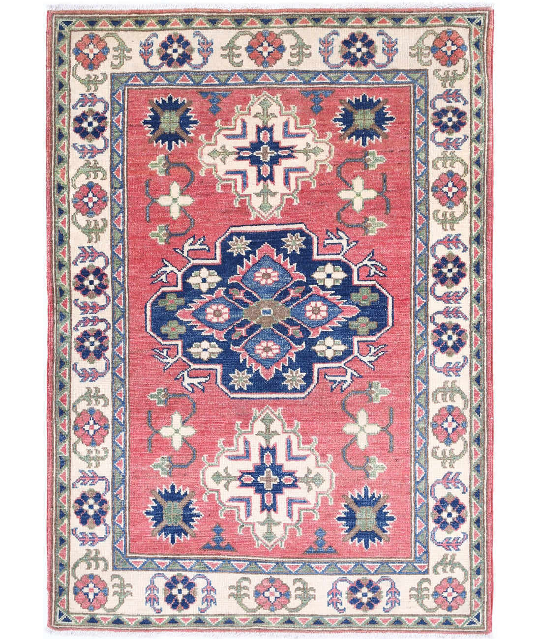 Hand Knotted Tribal Kazak Wool Rug - 3'2'' x 4'8'' 3'2'' x 4'8'' (95 X 140) / Red / Ivory