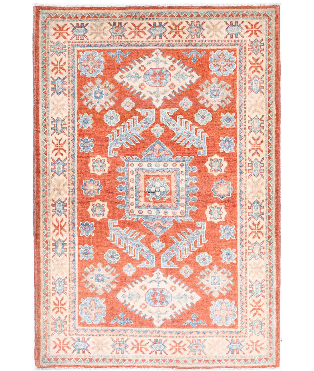Hand Knotted Tribal Kazak Wool Rug - 3'3'' x 4'10'' 3'3'' x 4'10'' (98 X 145) / Red / Ivory
