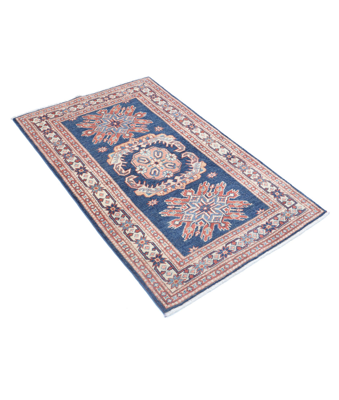 Hand Knotted Tribal Kazak Wool Rug - 3'0'' x 4'10'' 3'0'' x 4'10'' (90 X 145) / Blue / Ivory