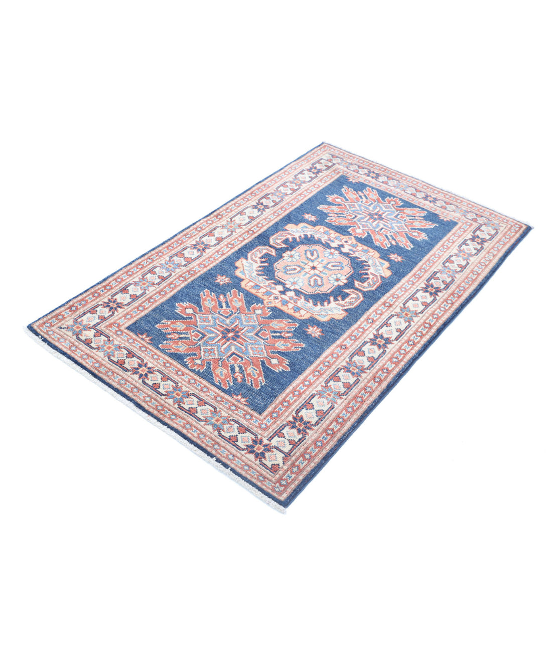 Hand Knotted Tribal Kazak Wool Rug - 3'0'' x 4'10'' 3'0'' x 4'10'' (90 X 145) / Blue / Ivory