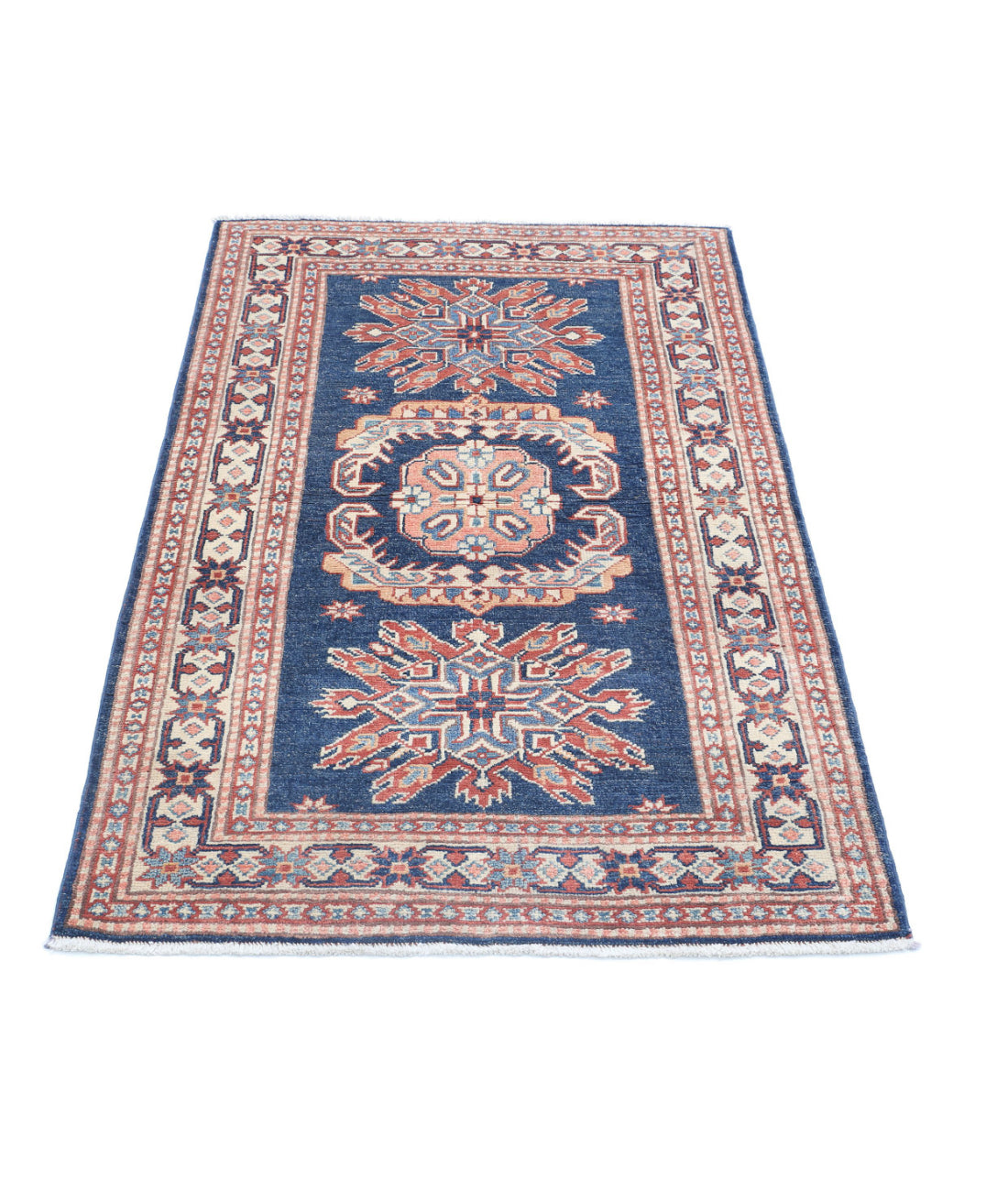 Hand Knotted Tribal Kazak Wool Rug - 3'0'' x 4'10'' 3'0'' x 4'10'' (90 X 145) / Blue / Ivory
