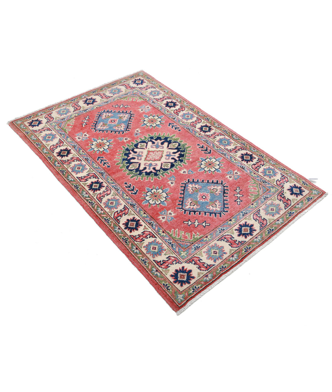 Hand Knotted Tribal Kazak Wool Rug - 3'1'' x 4'9'' 3'1'' x 4'9'' (93 X 143) / Red / Ivory