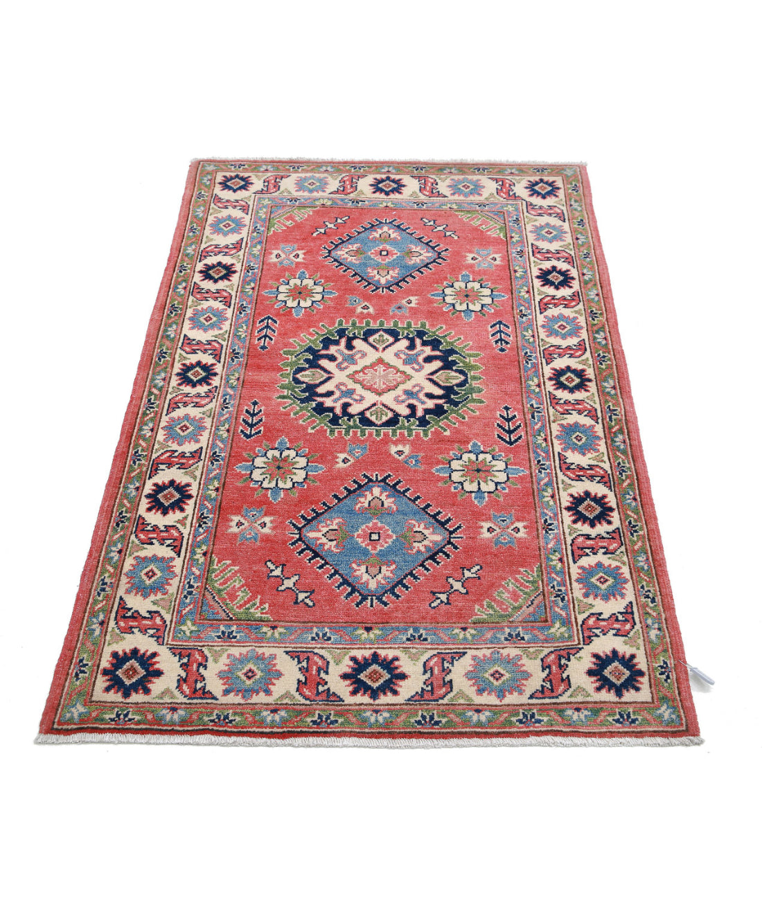 Hand Knotted Tribal Kazak Wool Rug - 3'1'' x 4'9'' 3'1'' x 4'9'' (93 X 143) / Red / Ivory