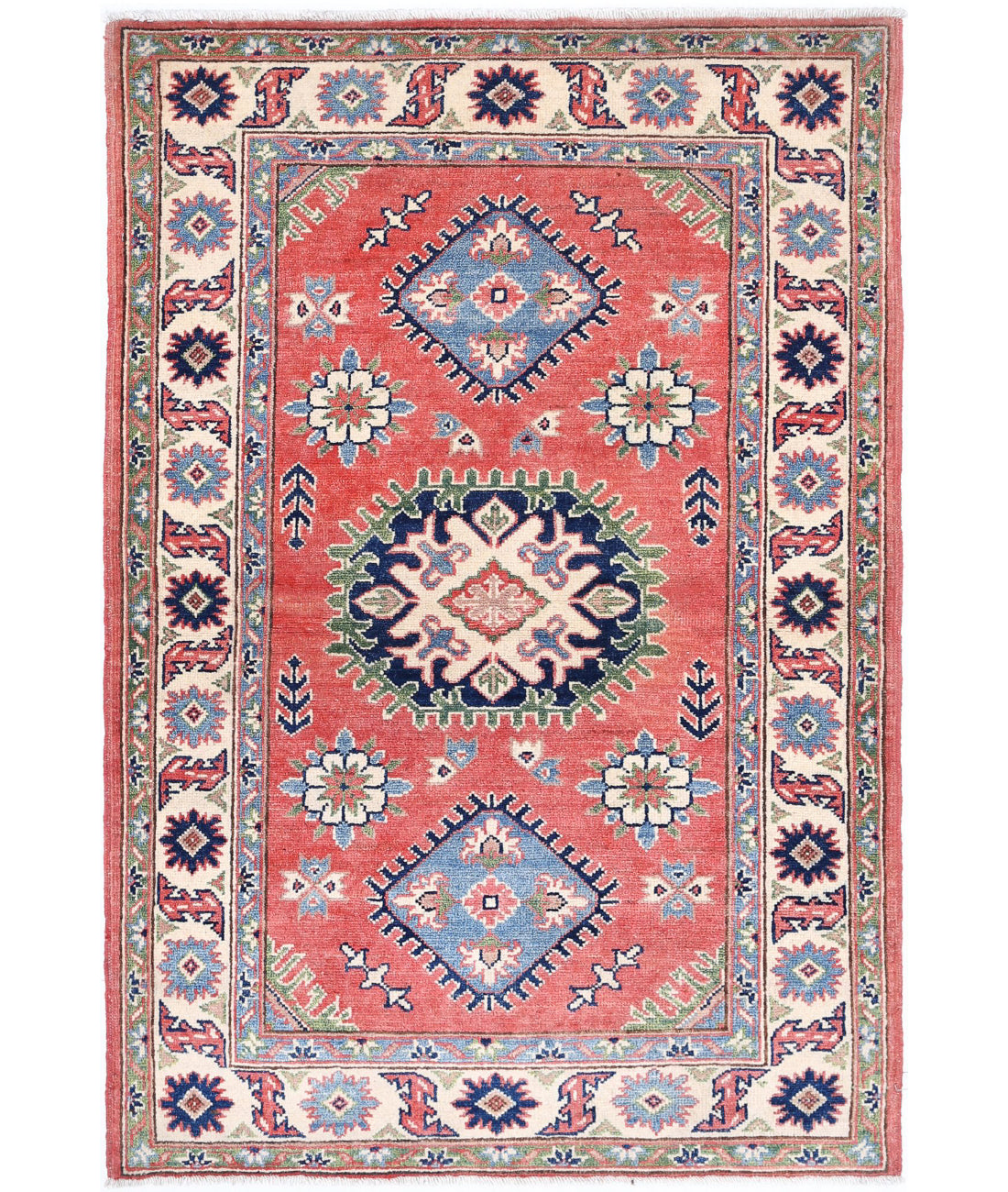 Hand Knotted Tribal Kazak Wool Rug - 3&#39;1&#39;&#39; x 4&#39;9&#39;&#39; 3&#39;1&#39;&#39; x 4&#39;9&#39;&#39; (93 X 143) / Red / Ivory