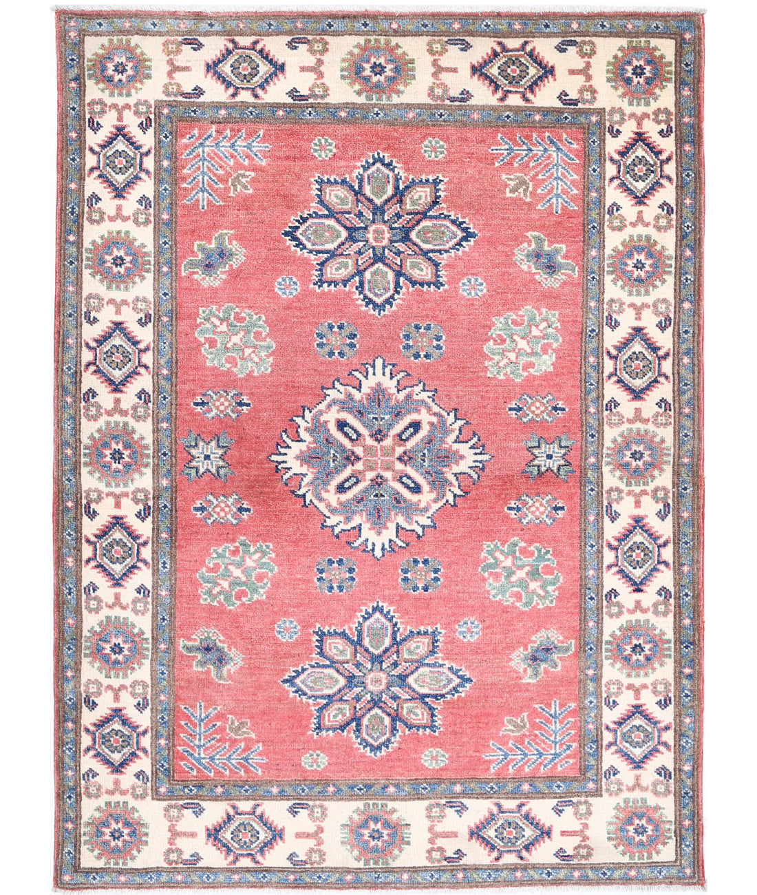 Hand Knotted Tribal Kazak Wool Rug - 3'4'' x 4'7'' 3'4'' x 4'7'' (100 X 138) / Red / Ivory