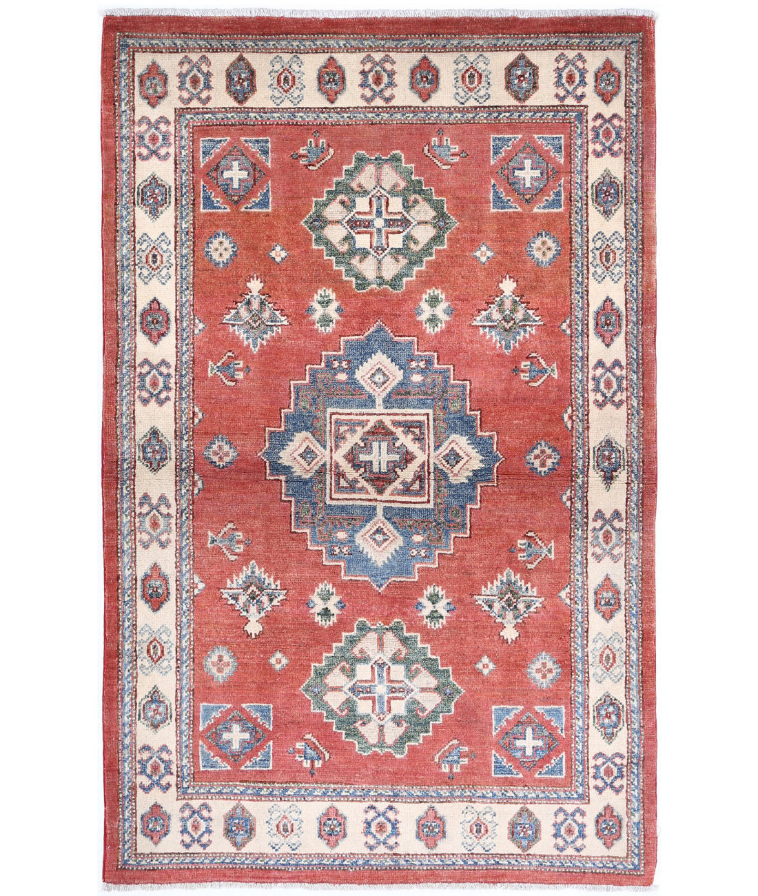 Hand Knotted Tribal Kazak Wool Rug - 3'2'' x 4'11'' 3'2'' x 4'11'' (95 X 148) / Red / Ivory