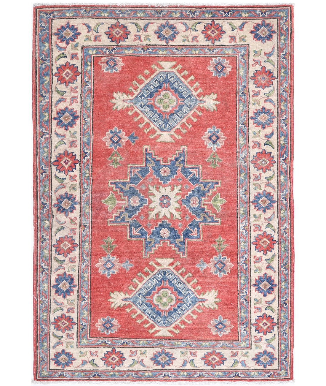 Hand Knotted Tribal Kazak Wool Rug - 3'3'' x 4'9'' 3'3'' x 4'9'' (98 X 143) / Red / Ivory
