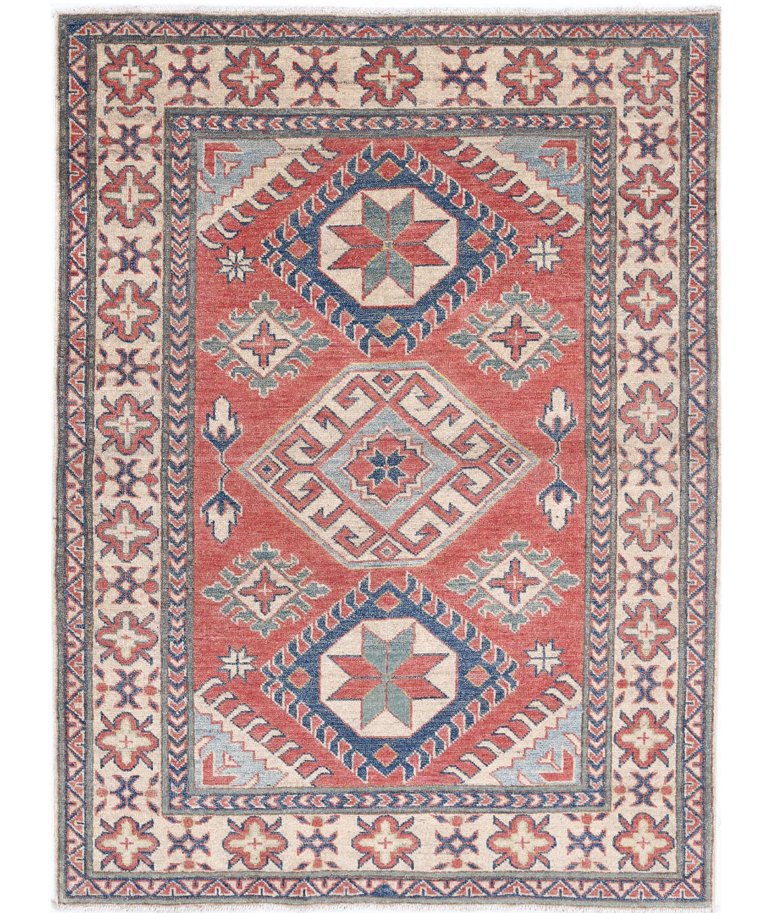 Hand Knotted Tribal Kazak Wool Rug - 4'0'' x 5'4''