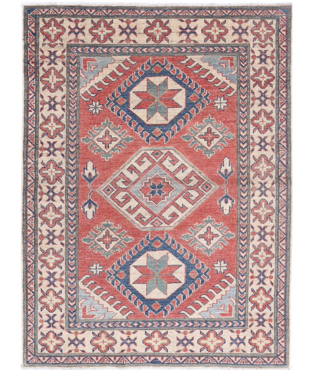 Hand Knotted Tribal Kazak Wool Rug - 4'0'' x 5'4'' 4'0'' x 5'4'' (120 X 160) / Red / Ivory
