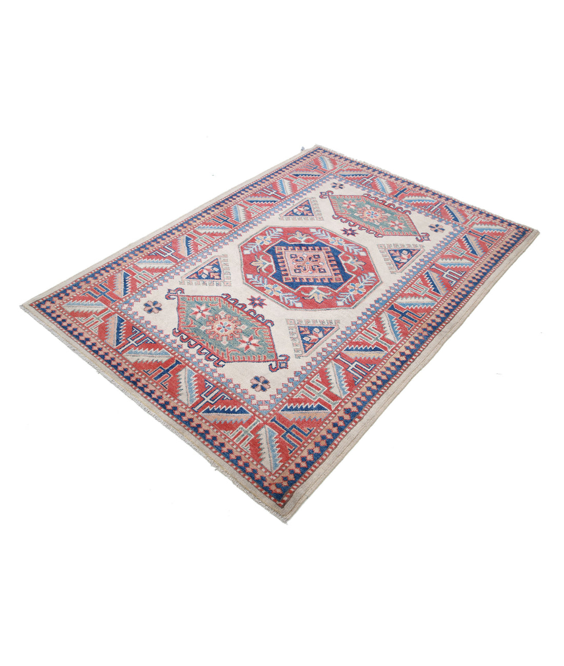 Hand Knotted Tribal Kazak Wool Rug - 4'2'' x 6'0'' 4'2'' x 6'0'' (125 X 180) / Ivory / Red
