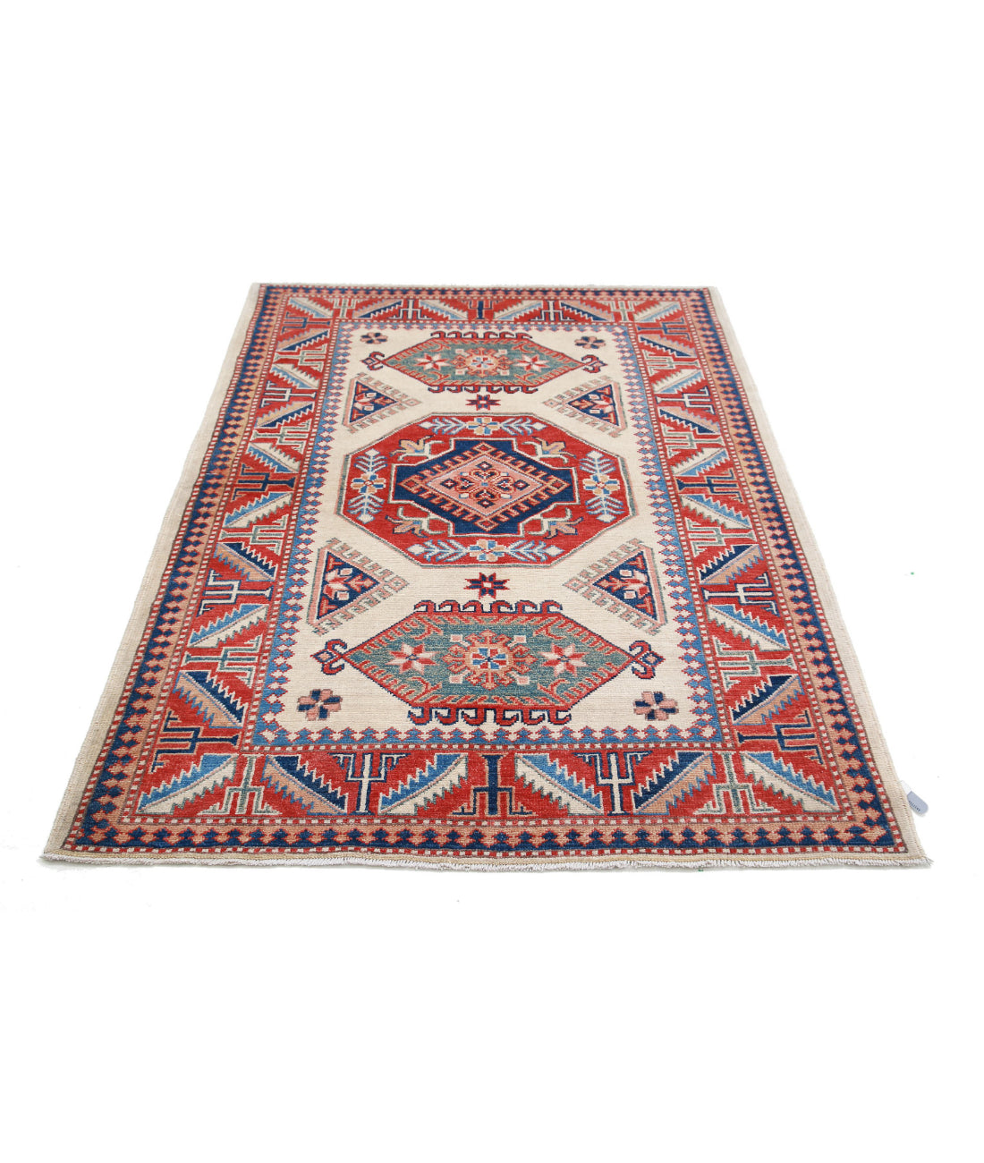 Hand Knotted Tribal Kazak Wool Rug - 4'2'' x 6'0'' 4'2'' x 6'0'' (125 X 180) / Ivory / Red