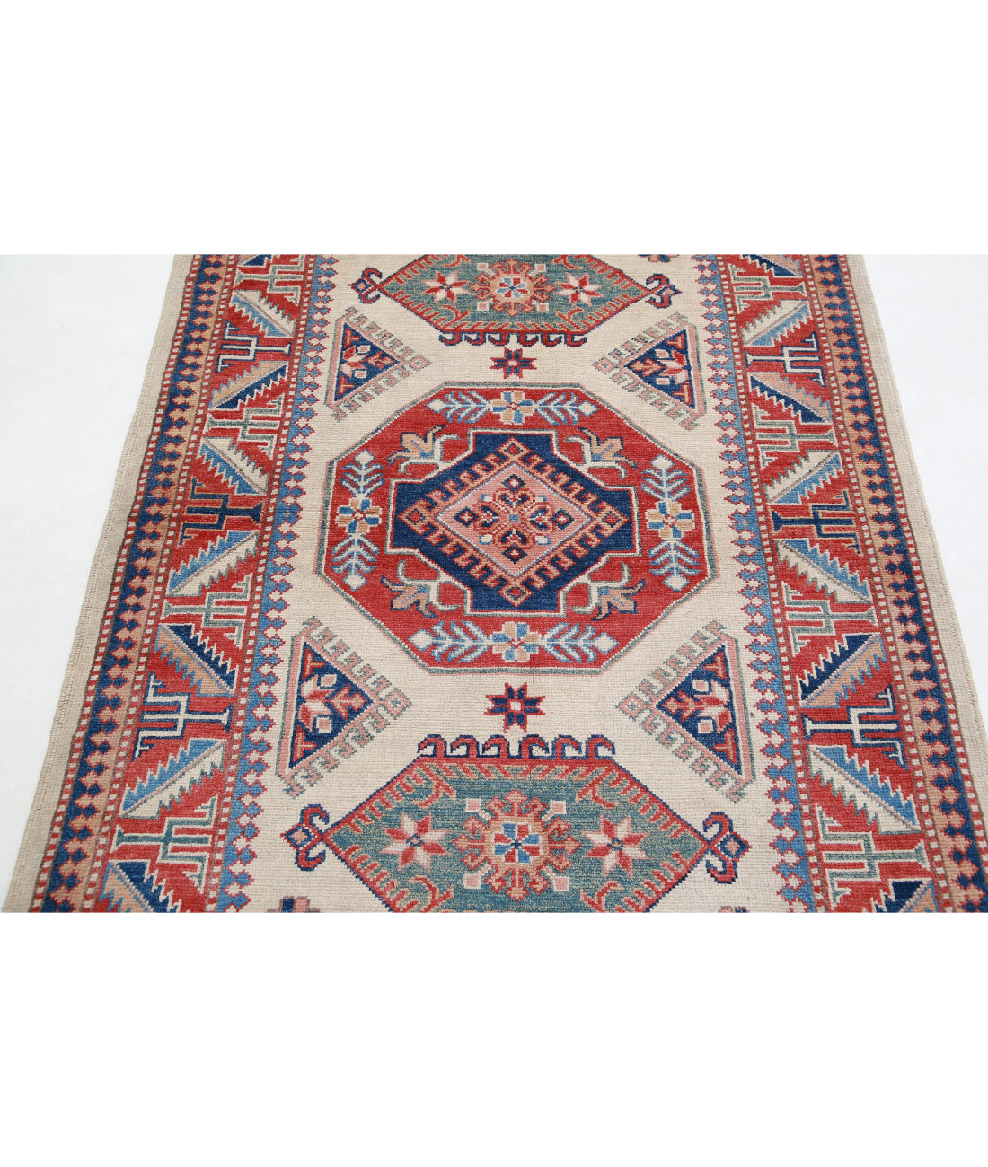 Hand Knotted Tribal Kazak Wool Rug - 4'2'' x 6'0'' 4'2'' x 6'0'' (125 X 180) / Ivory / Red