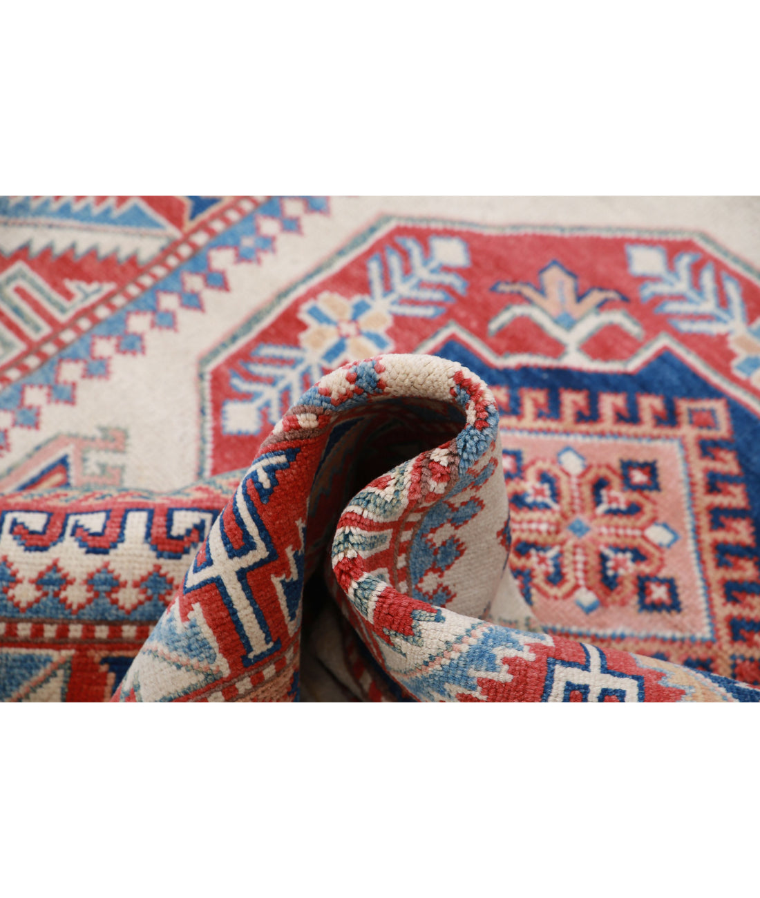 Hand Knotted Tribal Kazak Wool Rug - 4'2'' x 6'0'' 4'2'' x 6'0'' (125 X 180) / Ivory / Red