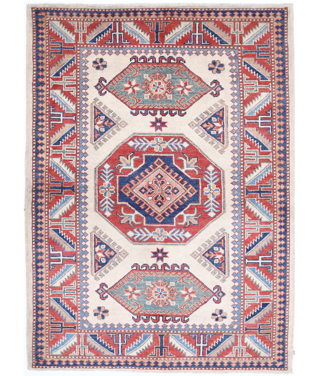 Hand Knotted Tribal Kazak Wool Rug - 4'2'' x 6'0'' 4'2'' x 6'0'' (125 X 180) / Ivory / Red