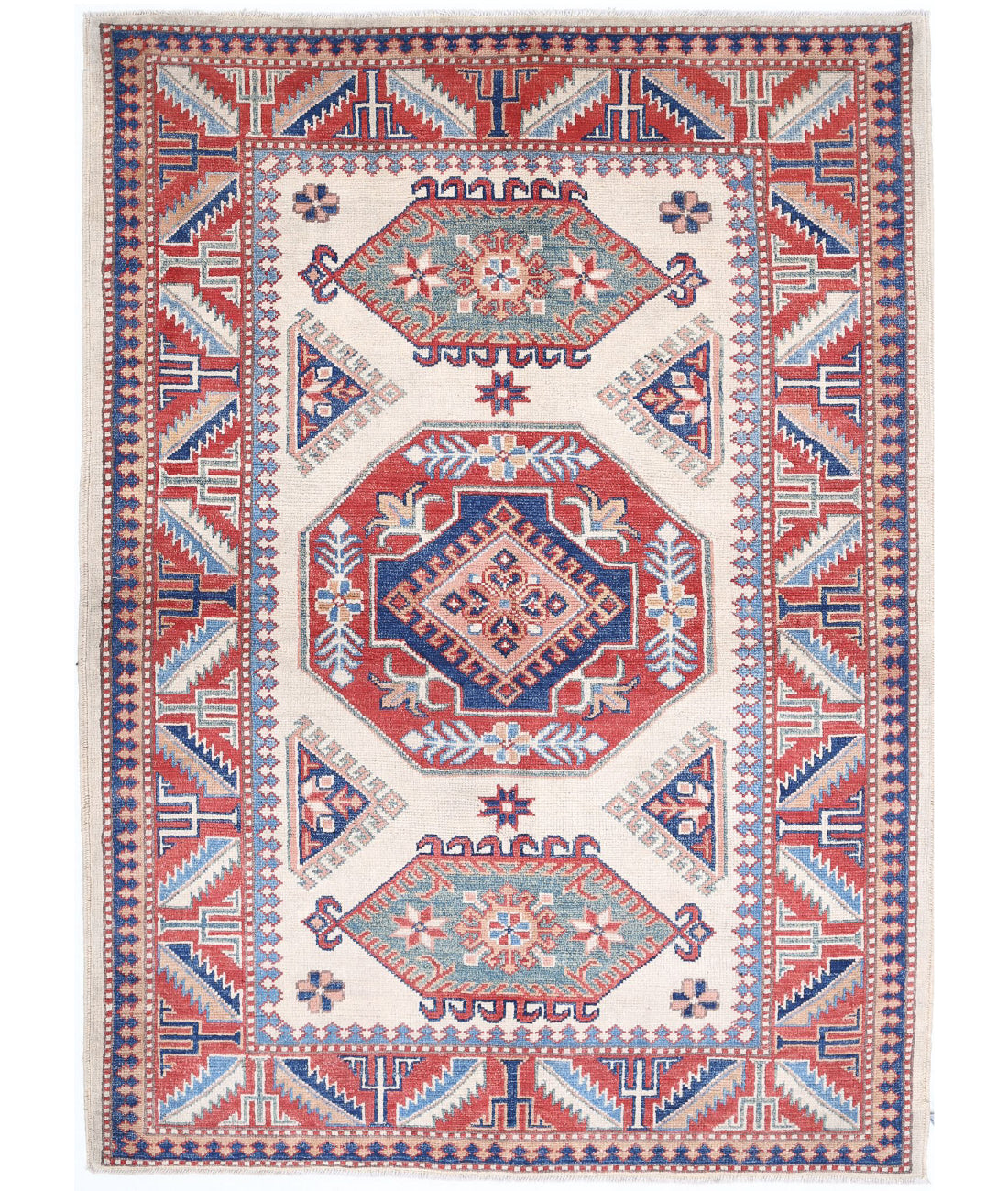 Hand Knotted Tribal Kazak Wool Rug - 4'2'' x 6'0''