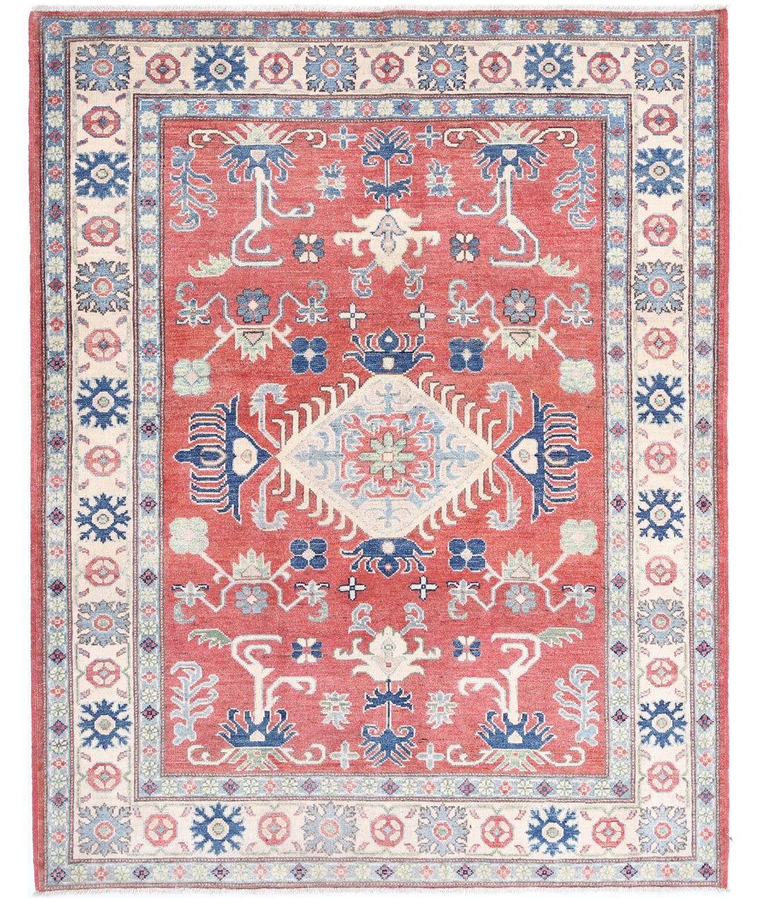 Hand Knotted Tribal Kazak Wool Rug - 5'0'' x 6'4'' 5'0'' x 6'4'' (150 X 190) / Red / Ivory