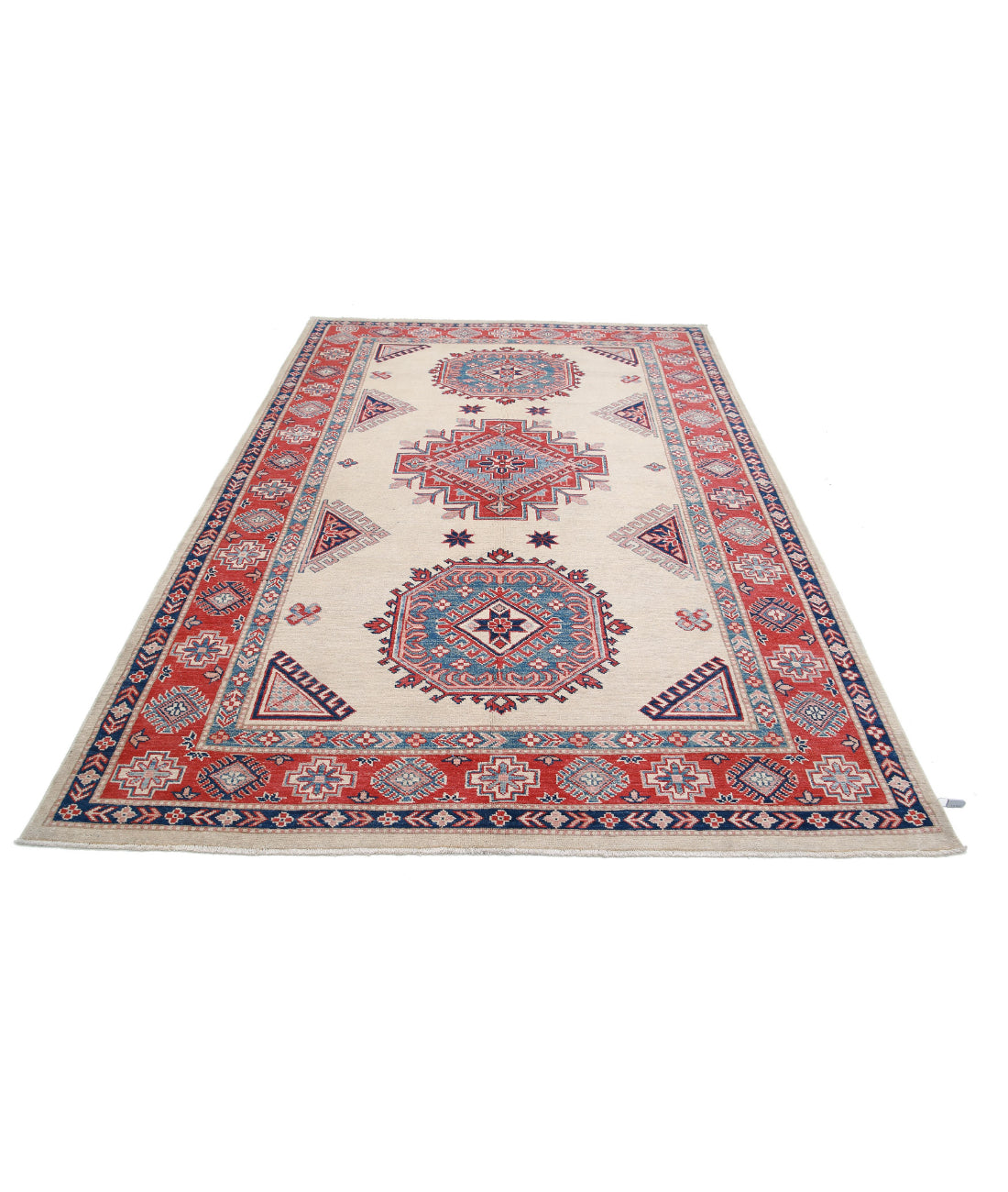 Hand Knotted Tribal Kazak Wool Rug - 6'3'' x 9'4'' 6'3'' x 9'4'' (188 X 280) / Ivory / Red