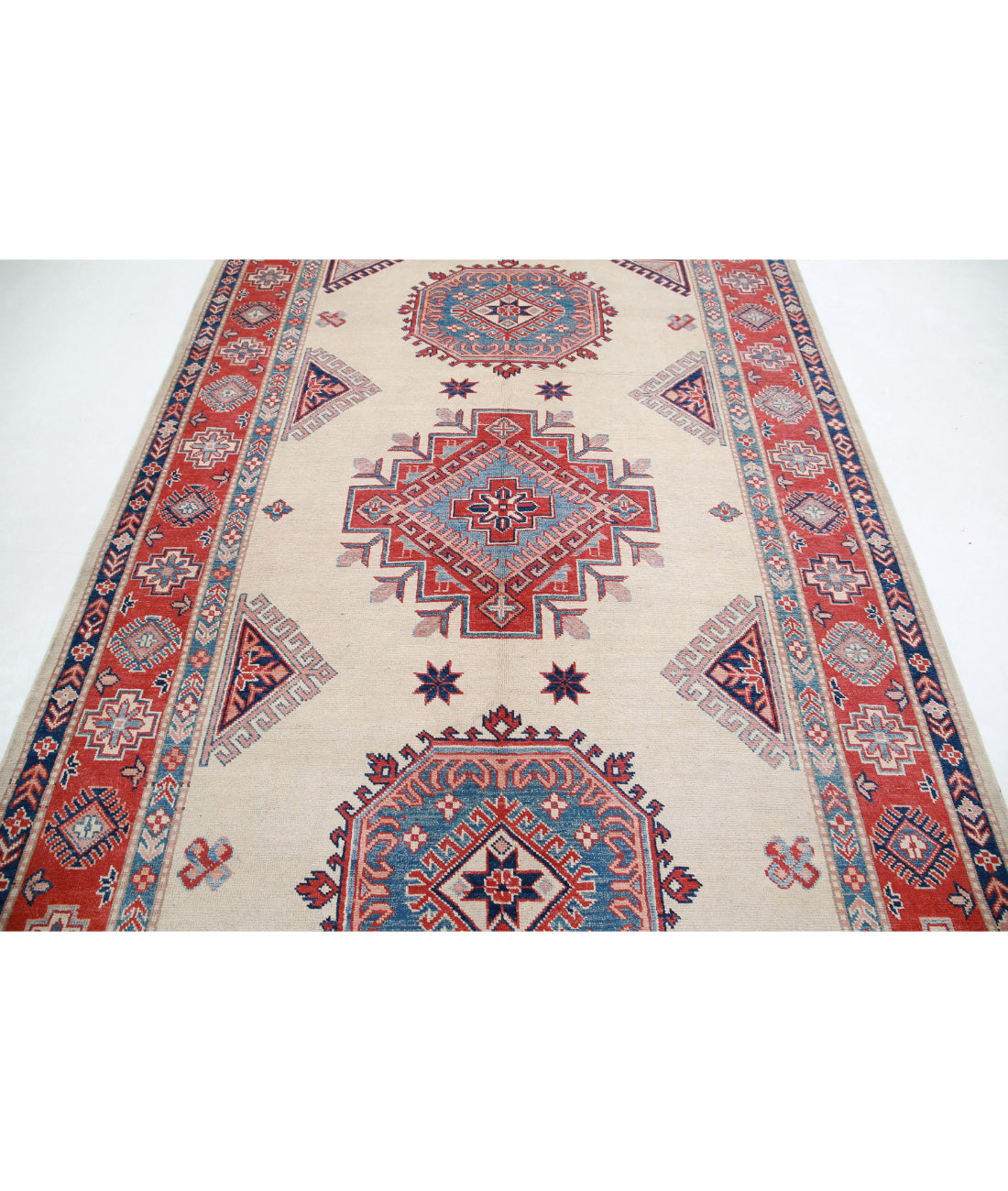 Hand Knotted Tribal Kazak Wool Rug - 6'3'' x 9'4'' 6'3'' x 9'4'' (188 X 280) / Ivory / Red