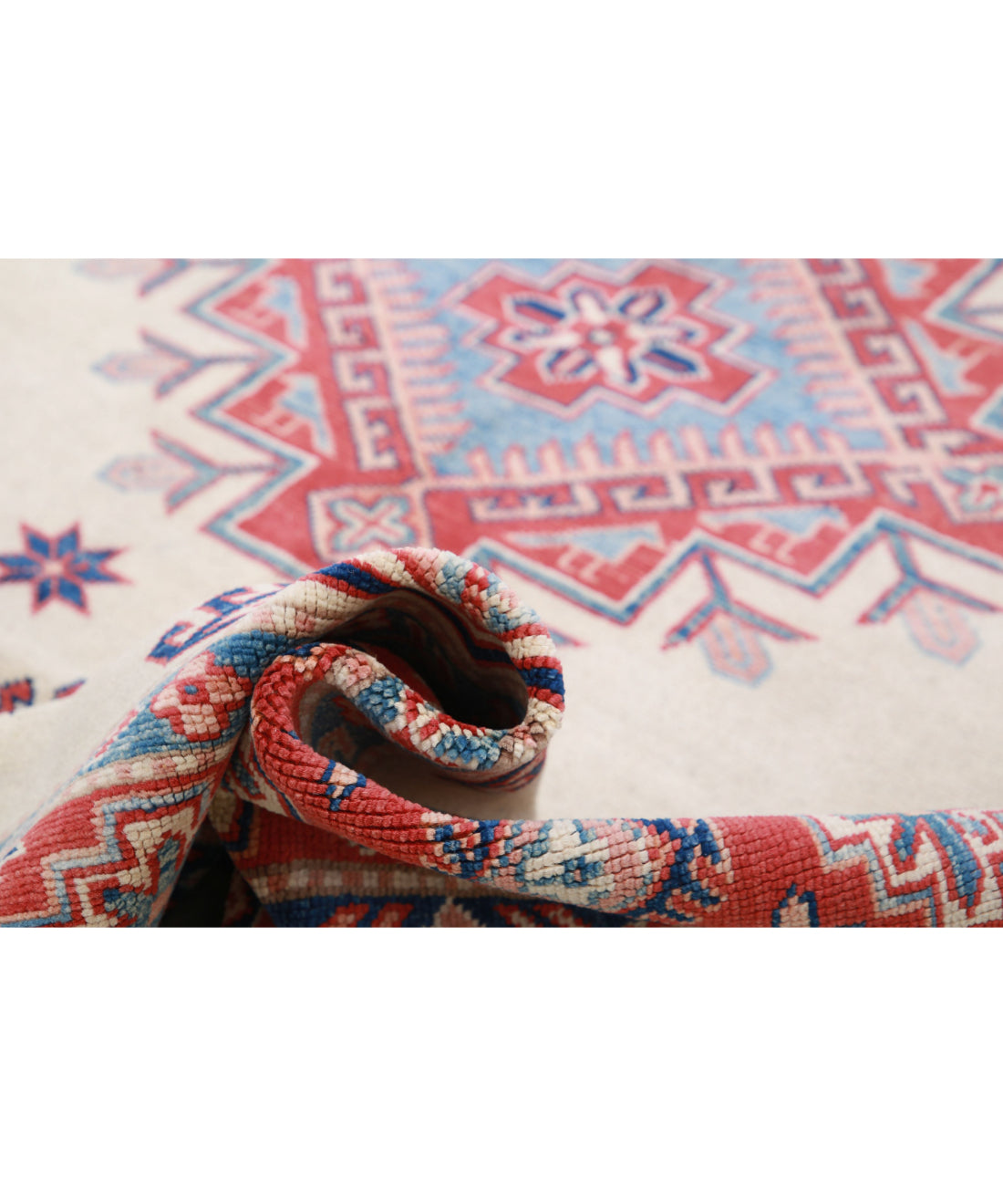 Hand Knotted Tribal Kazak Wool Rug - 6'3'' x 9'4'' 6'3'' x 9'4'' (188 X 280) / Ivory / Red