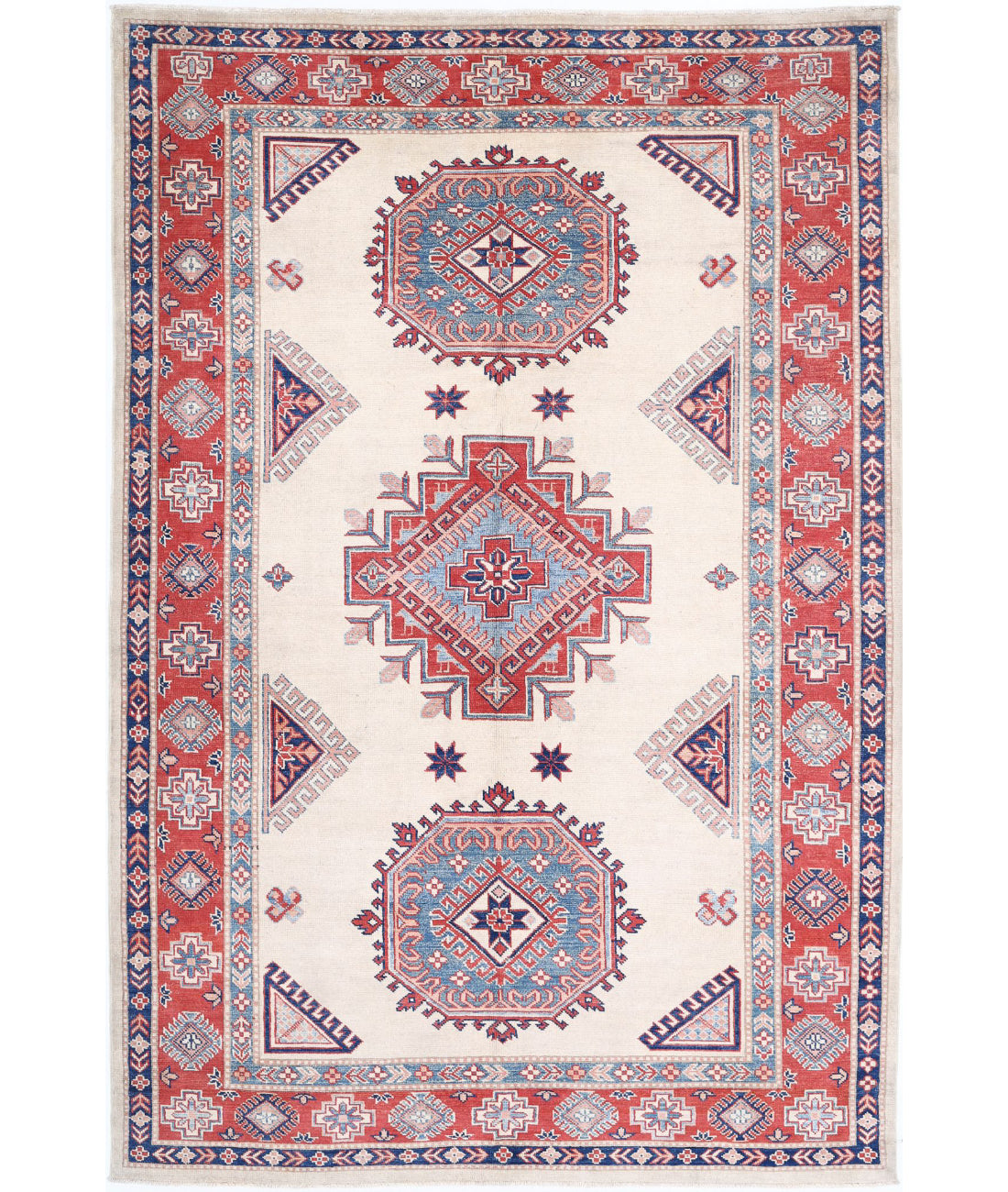 Hand Knotted Tribal Kazak Wool Rug - 6'3'' x 9'4'' 6'3'' x 9'4'' (188 X 280) / Ivory / Red