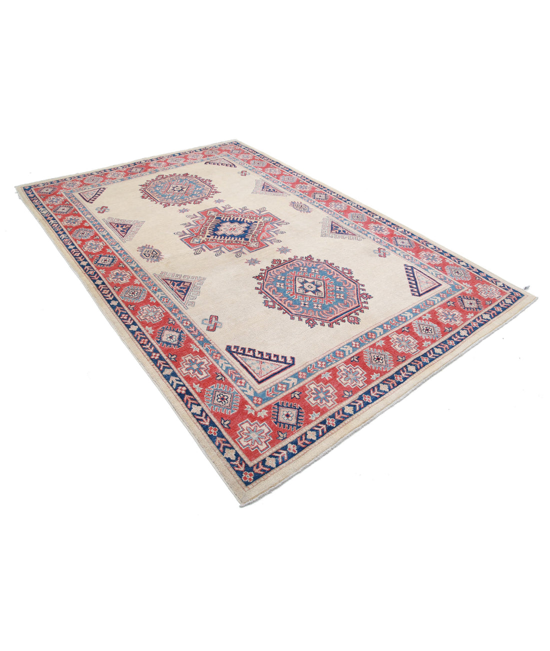 Hand Knotted Tribal Kazak Wool Rug - 6'2'' x 9'2'' 6'2'' x 9'2'' (185 X 275) / Ivory / Red