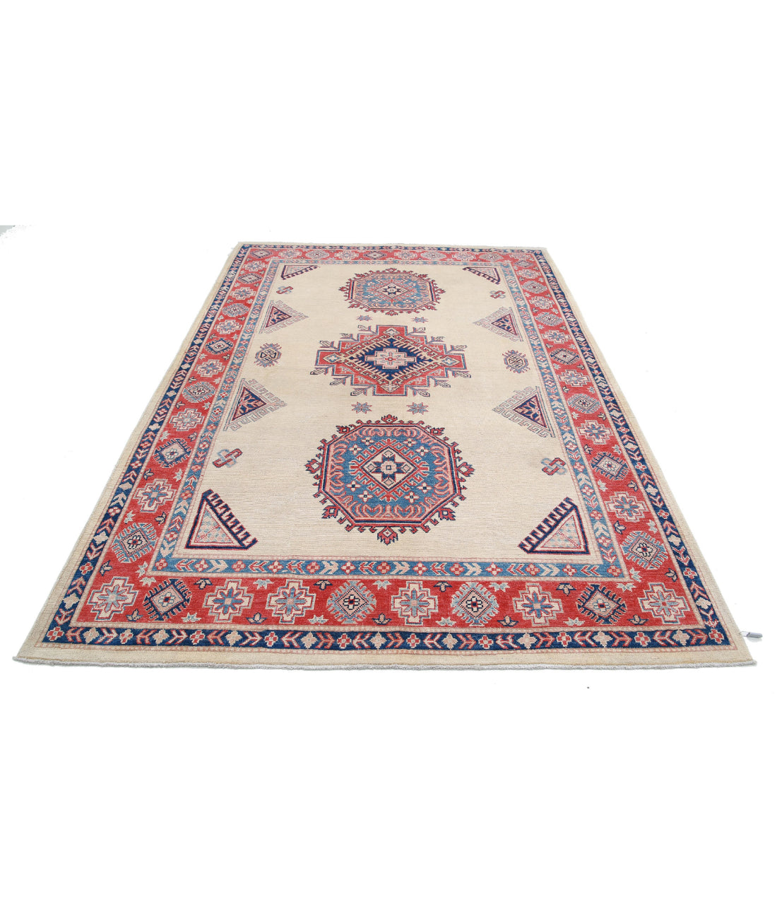 Hand Knotted Tribal Kazak Wool Rug - 6'2'' x 9'2'' 6'2'' x 9'2'' (185 X 275) / Ivory / Red