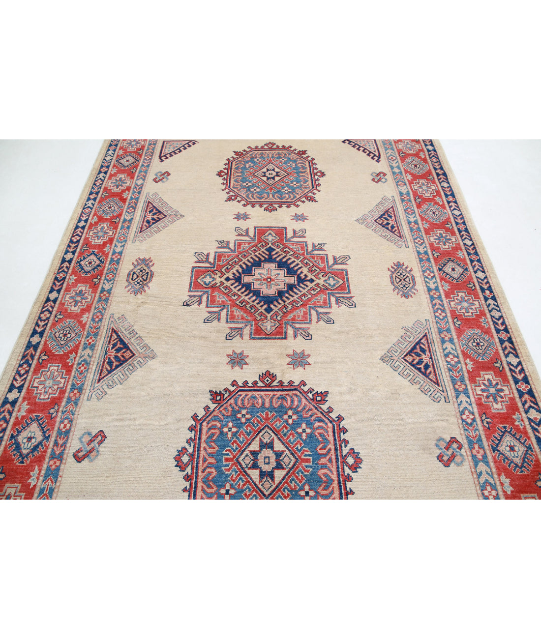 Hand Knotted Tribal Kazak Wool Rug - 6'2'' x 9'2'' 6'2'' x 9'2'' (185 X 275) / Ivory / Red