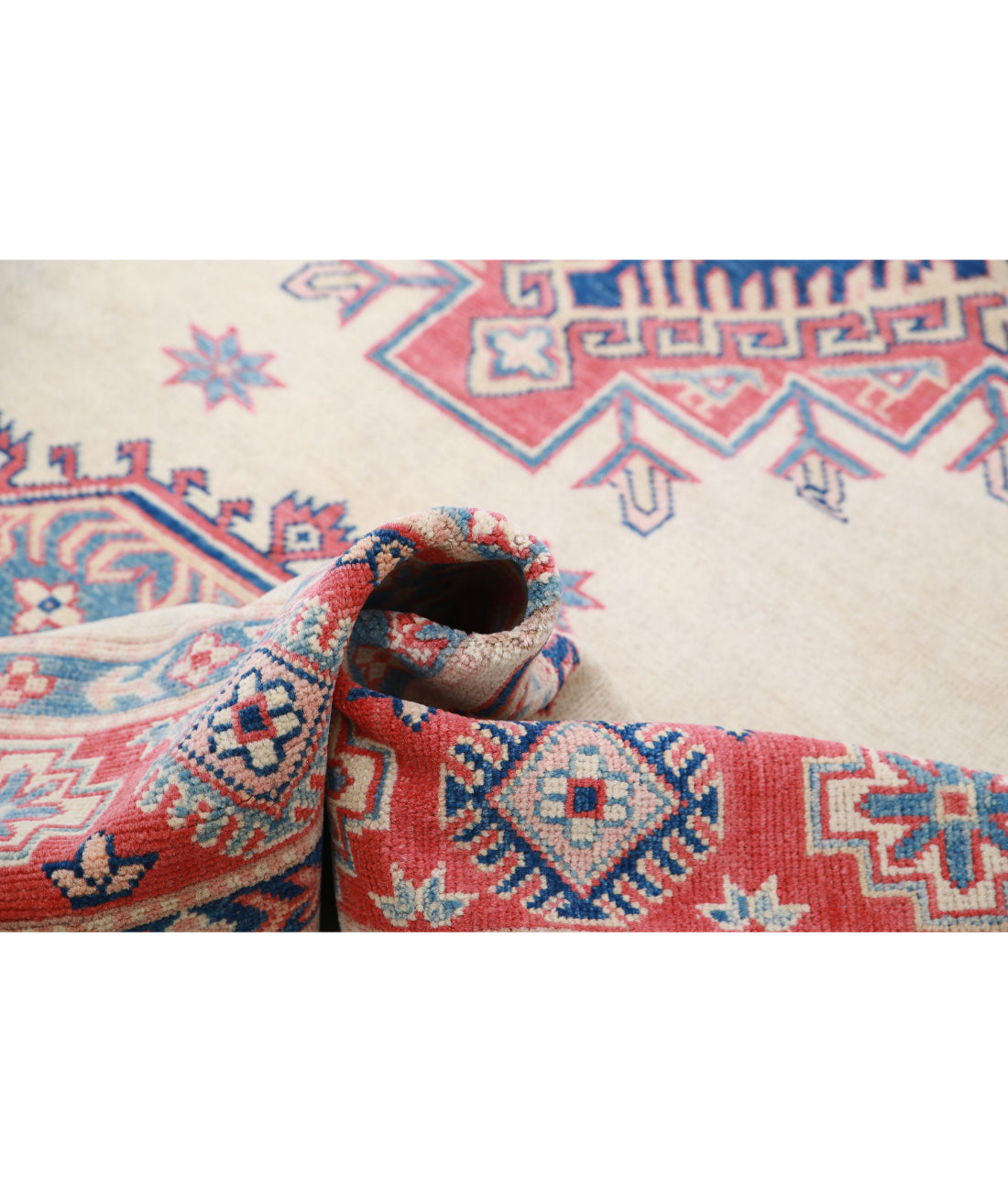 Hand Knotted Tribal Kazak Wool Rug - 6'2'' x 9'2'' 6'2'' x 9'2'' (185 X 275) / Ivory / Red