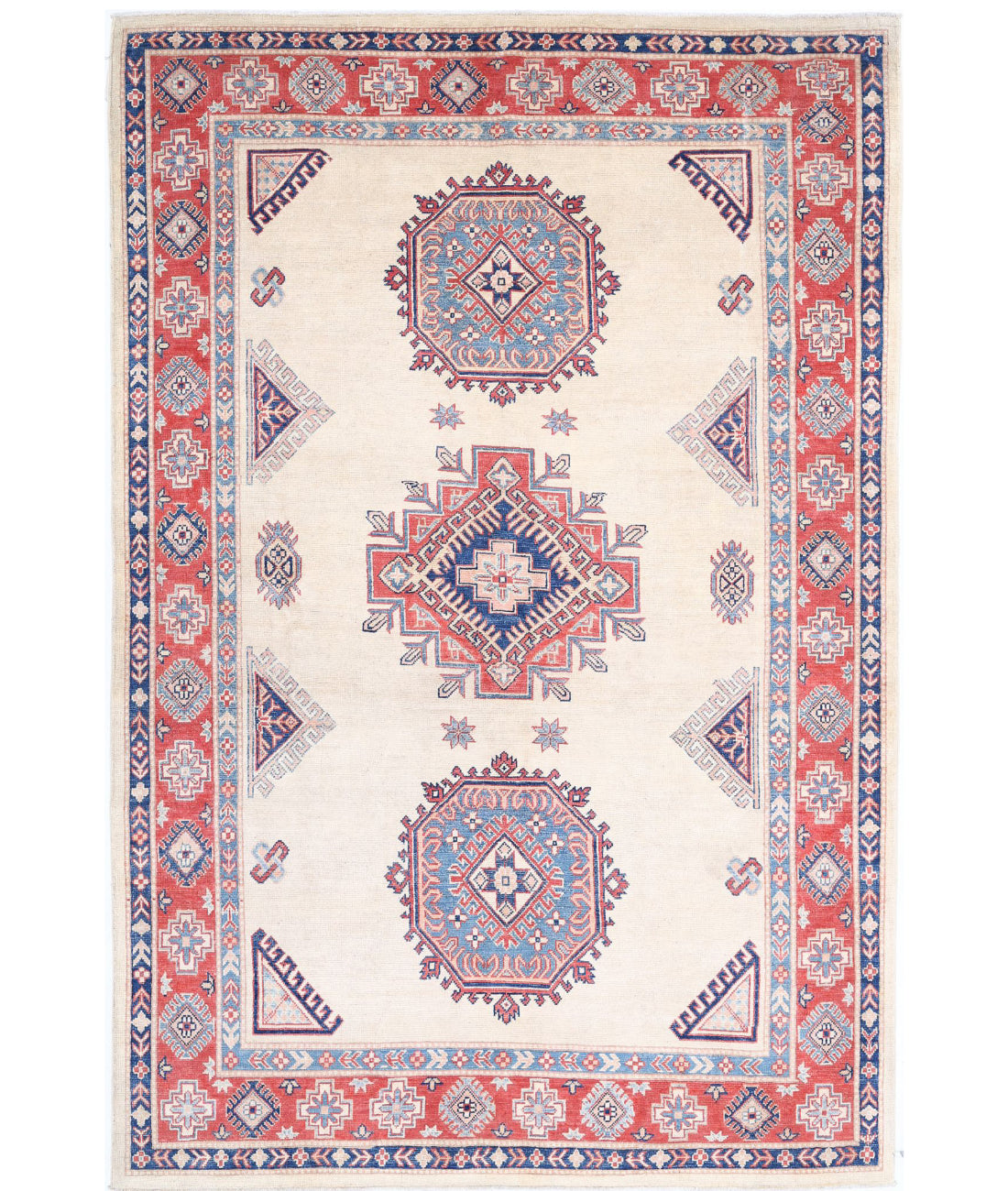 Hand Knotted Tribal Kazak Wool Rug - 6'2'' x 9'2'' 6'2'' x 9'2'' (185 X 275) / Ivory / Red