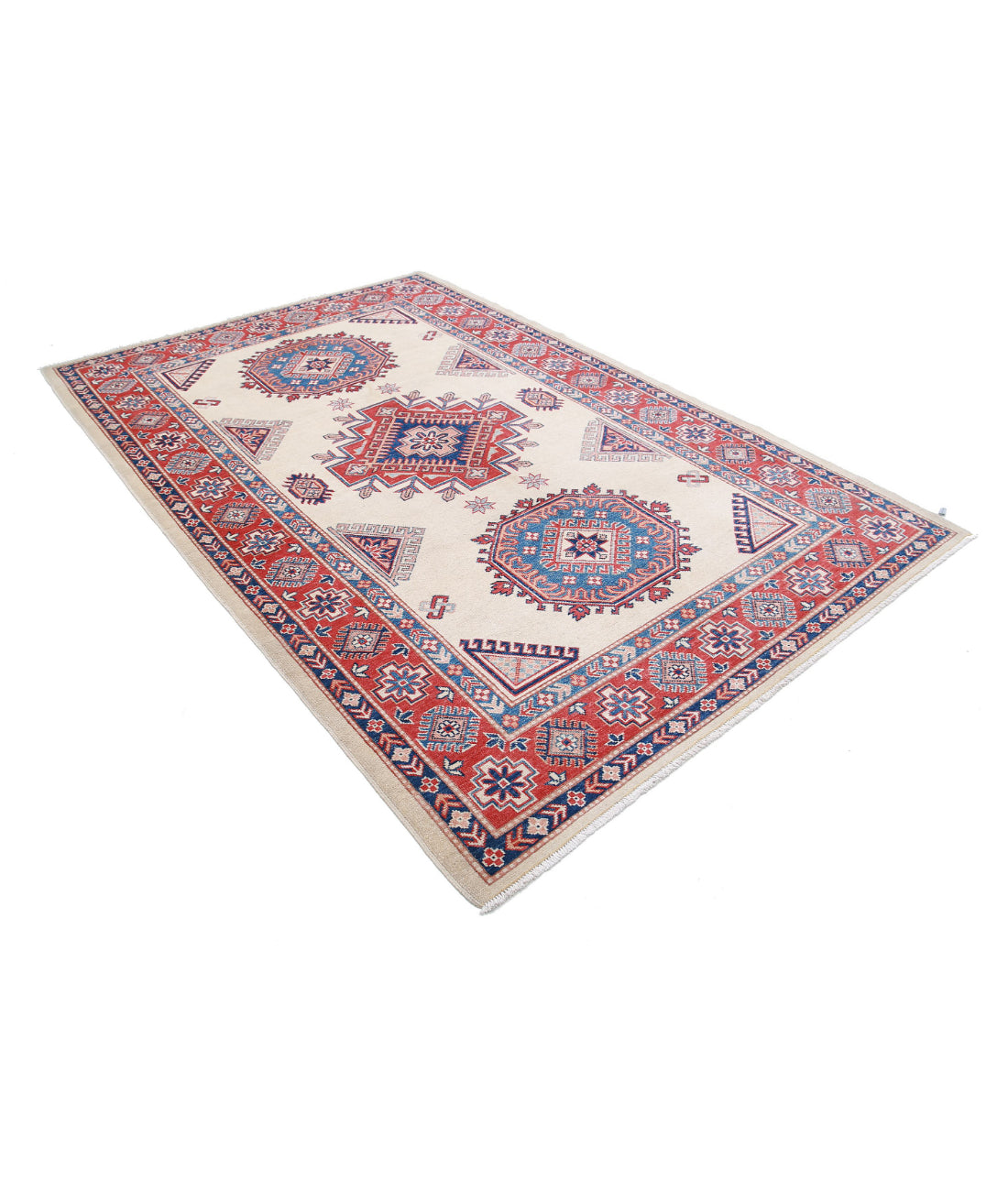 Hand Knotted Tribal Kazak Wool Rug - 6'0'' x 8'11'' 6'0'' x 8'11'' (180 X 268) / Ivory / Red
