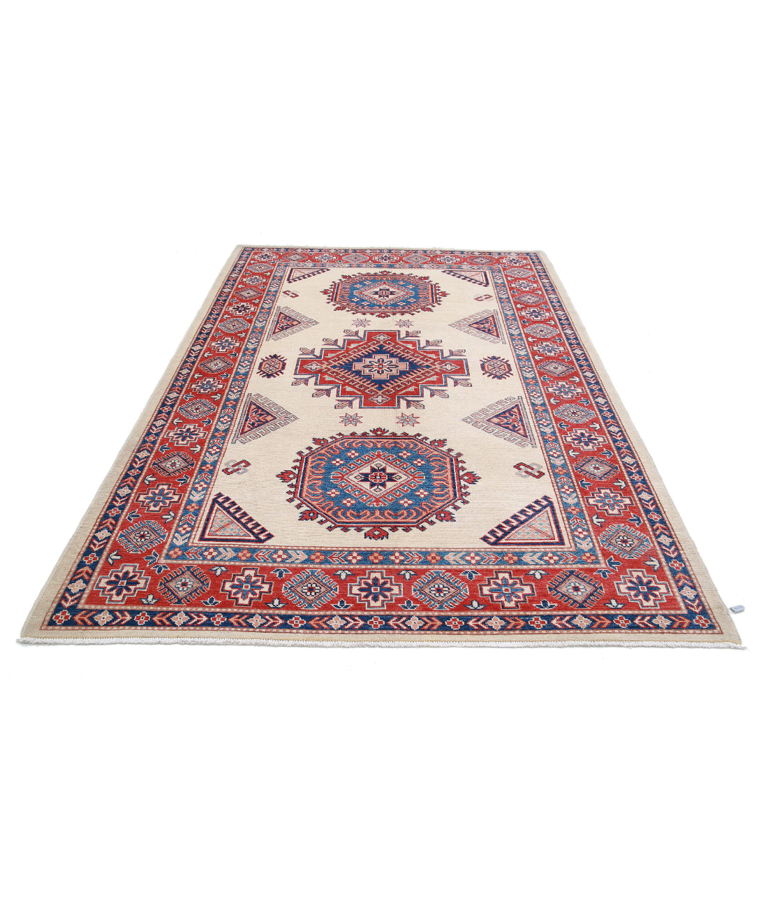 Hand Knotted Tribal Kazak Wool Rug - 6'0'' x 8'11'' 6'0'' x 8'11'' (180 X 268) / Ivory / Red