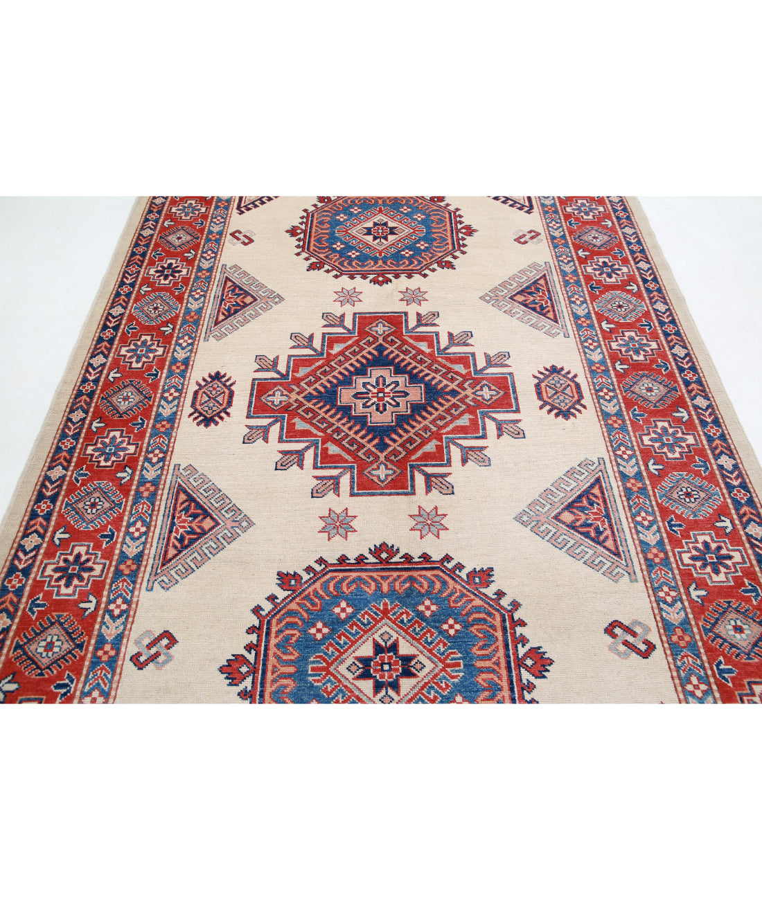 Hand Knotted Tribal Kazak Wool Rug - 6'0'' x 8'11'' 6'0'' x 8'11'' (180 X 268) / Ivory / Red
