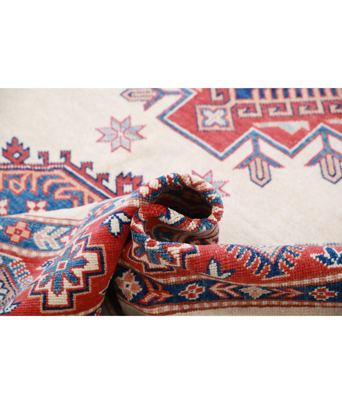 Hand Knotted Tribal Kazak Wool Rug - 6'0'' x 8'11'' 6'0'' x 8'11'' (180 X 268) / Ivory / Red