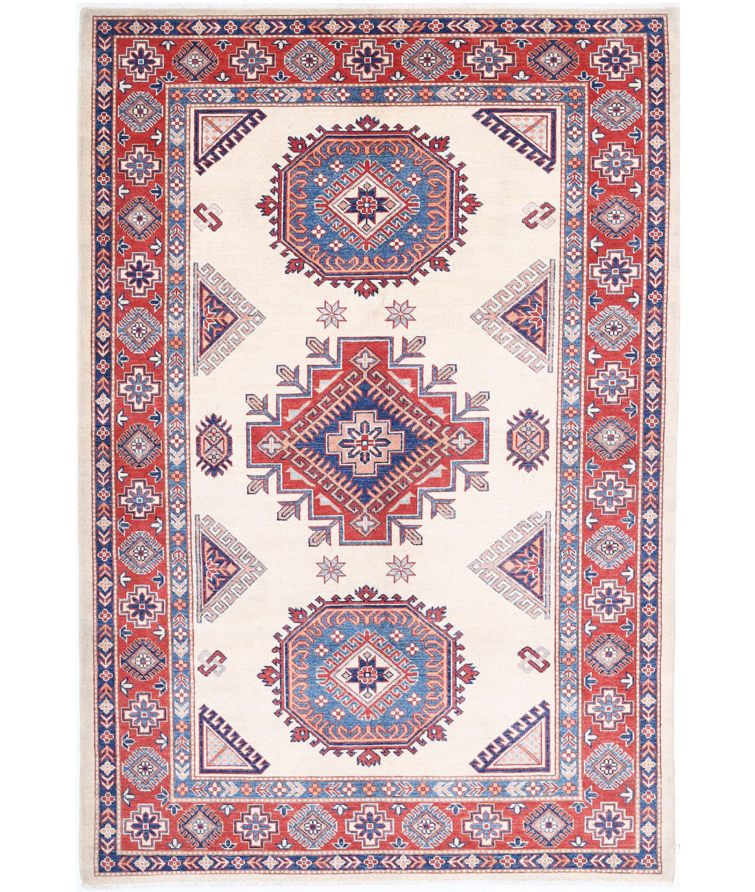 Hand Knotted Tribal Kazak Wool Rug - 6'0'' x 8'11'' 6'0'' x 8'11'' (180 X 268) / Ivory / Red