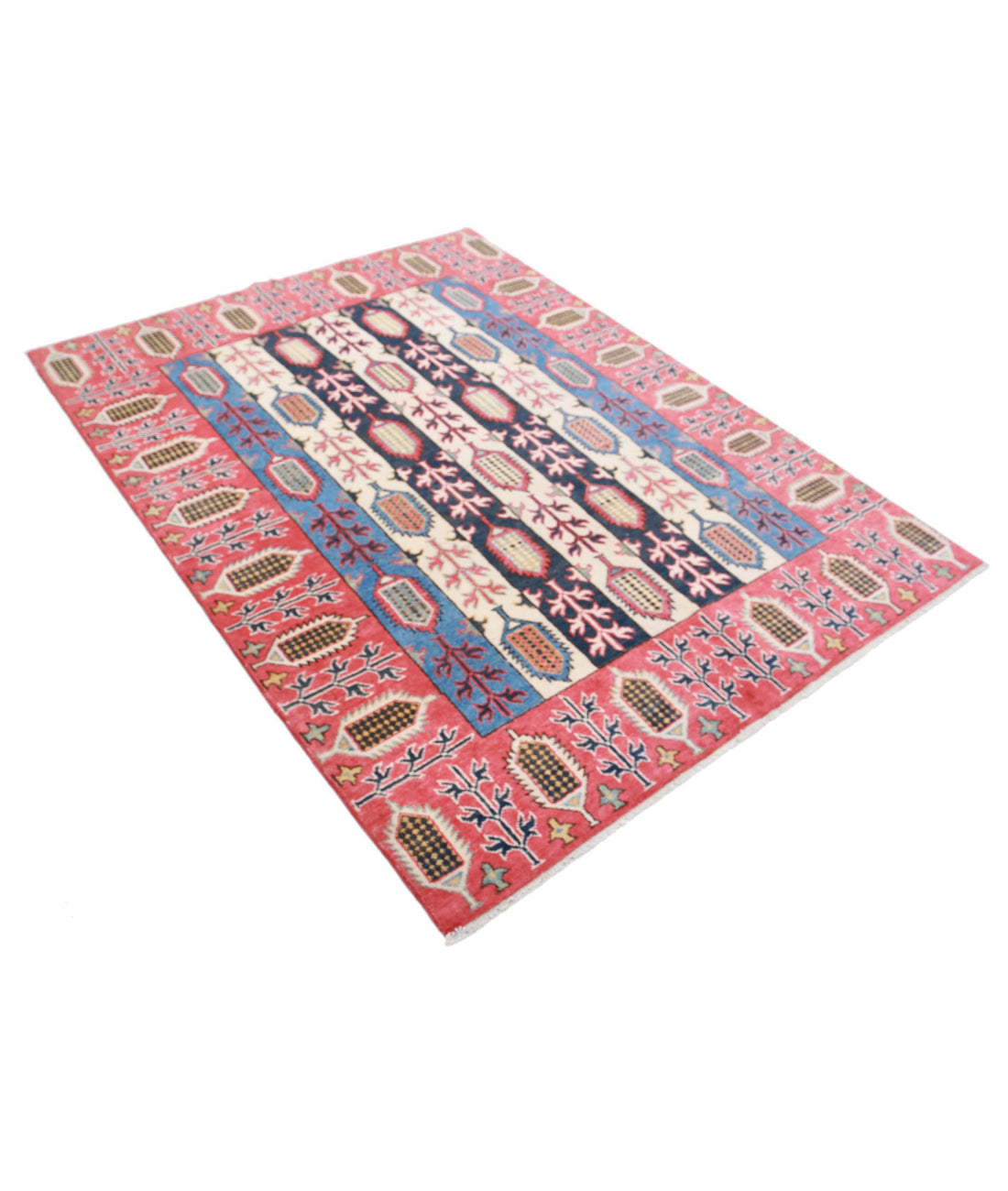 Hand Knotted Tribal Kazak Wool Rug - 4'11'' x 6'7'' 4'11'' x 6'7'' (148 X 198) / Multi / Red