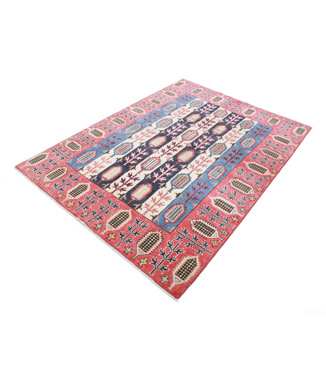 Hand Knotted Tribal Kazak Wool Rug - 4'11'' x 6'7'' 4'11'' x 6'7'' (148 X 198) / Multi / Red