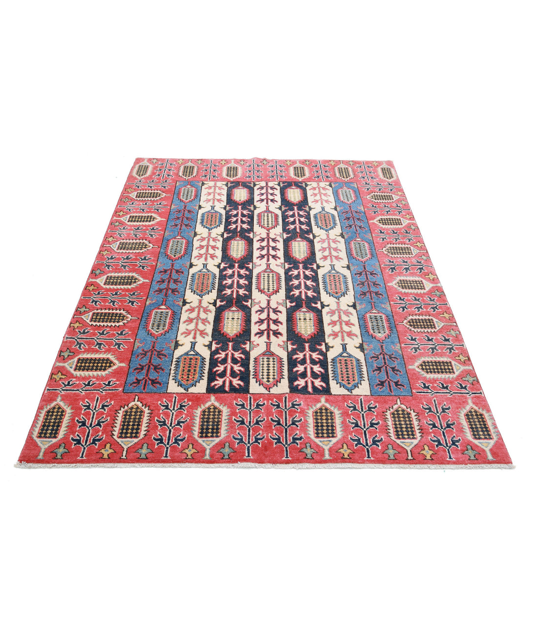 Hand Knotted Tribal Kazak Wool Rug - 4'11'' x 6'7'' 4'11'' x 6'7'' (148 X 198) / Multi / Red