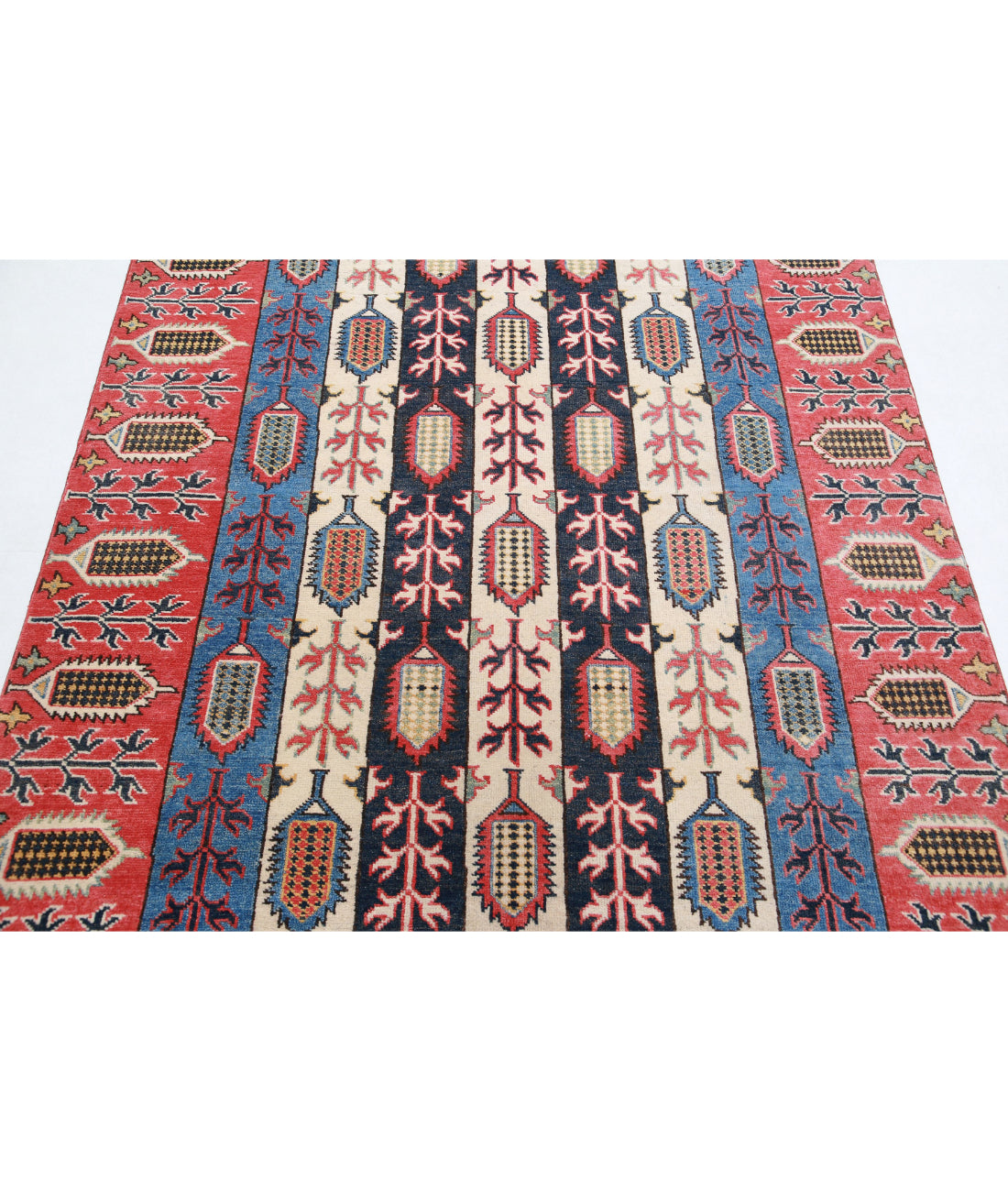 Hand Knotted Tribal Kazak Wool Rug - 4'11'' x 6'7'' 4'11'' x 6'7'' (148 X 198) / Multi / Red