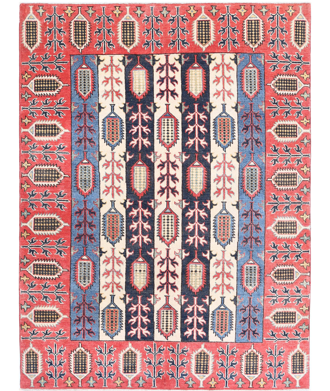 Hand Knotted Tribal Kazak Wool Rug - 4'11'' x 6'7'' 4'11'' x 6'7'' (148 X 198) / Multi / Red
