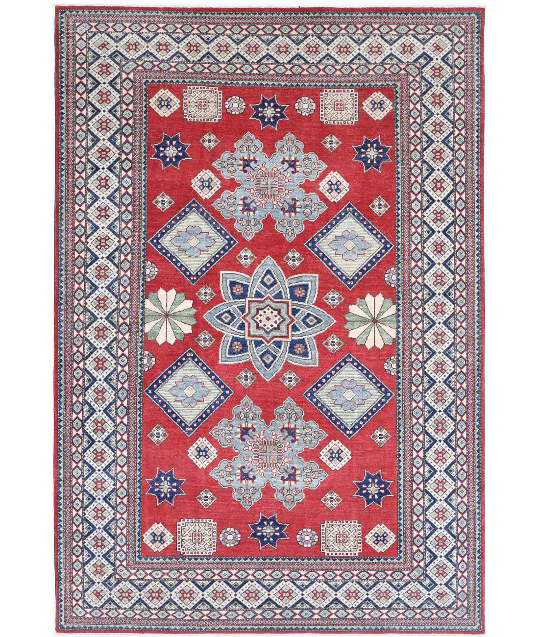 Hand Knotted Tribal Kazak Wool Rug - 6'8'' x 9'10'' 6'8'' x 9'10'' (200 X 295) / Red / Ivory