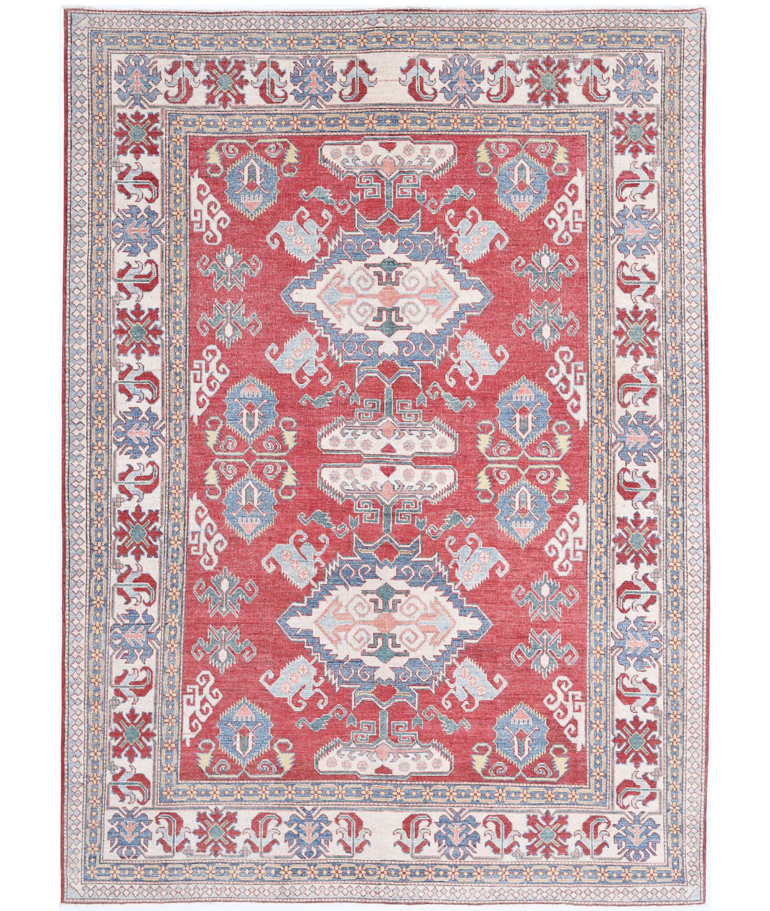 Hand Knotted Tribal Kazak Wool Rug - 7'8'' x 10'8'' 7'8'' x 10'8'' (230 X 320) / Red / Ivory