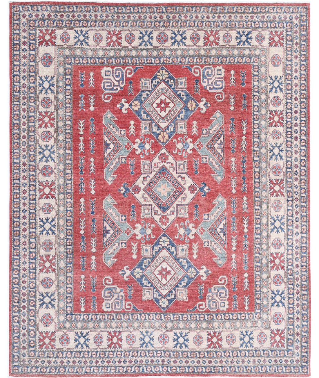 Hand Knotted Tribal Kazak Wool Rug - 8'6'' x 10'5'' 8'6'' x 10'5'' (255 X 313) / Red / Ivory